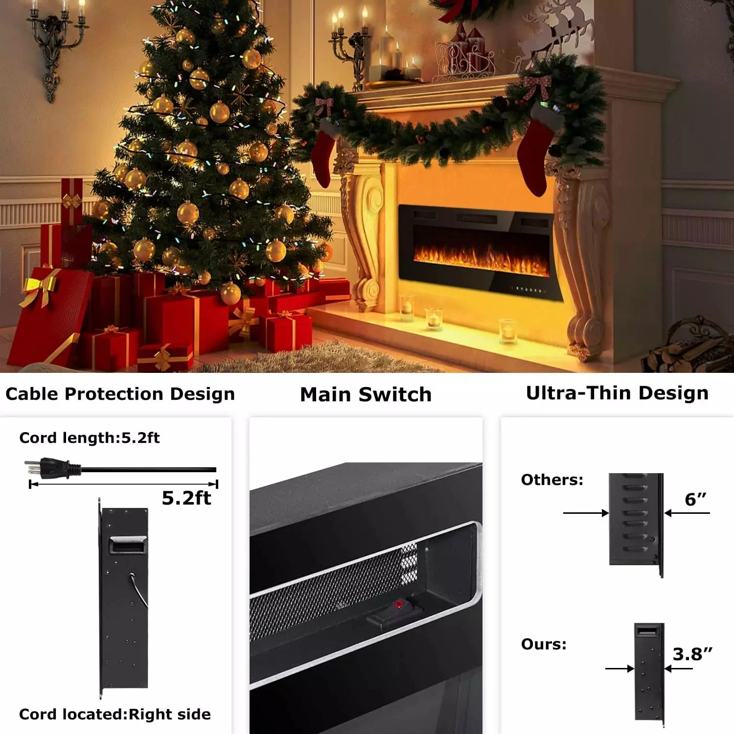 Waleaf No.1 Ultra-Thin Wall Mounted & Recessed Electric Fireplace, 36 inch - Image 3
