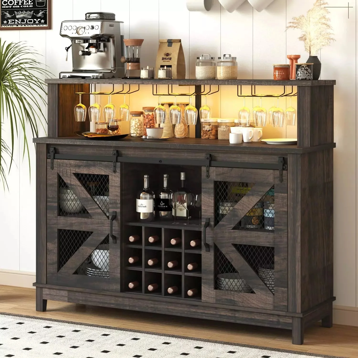 55" Farmhouse Coffee Bar Cabinet with LED Lights - Image 2