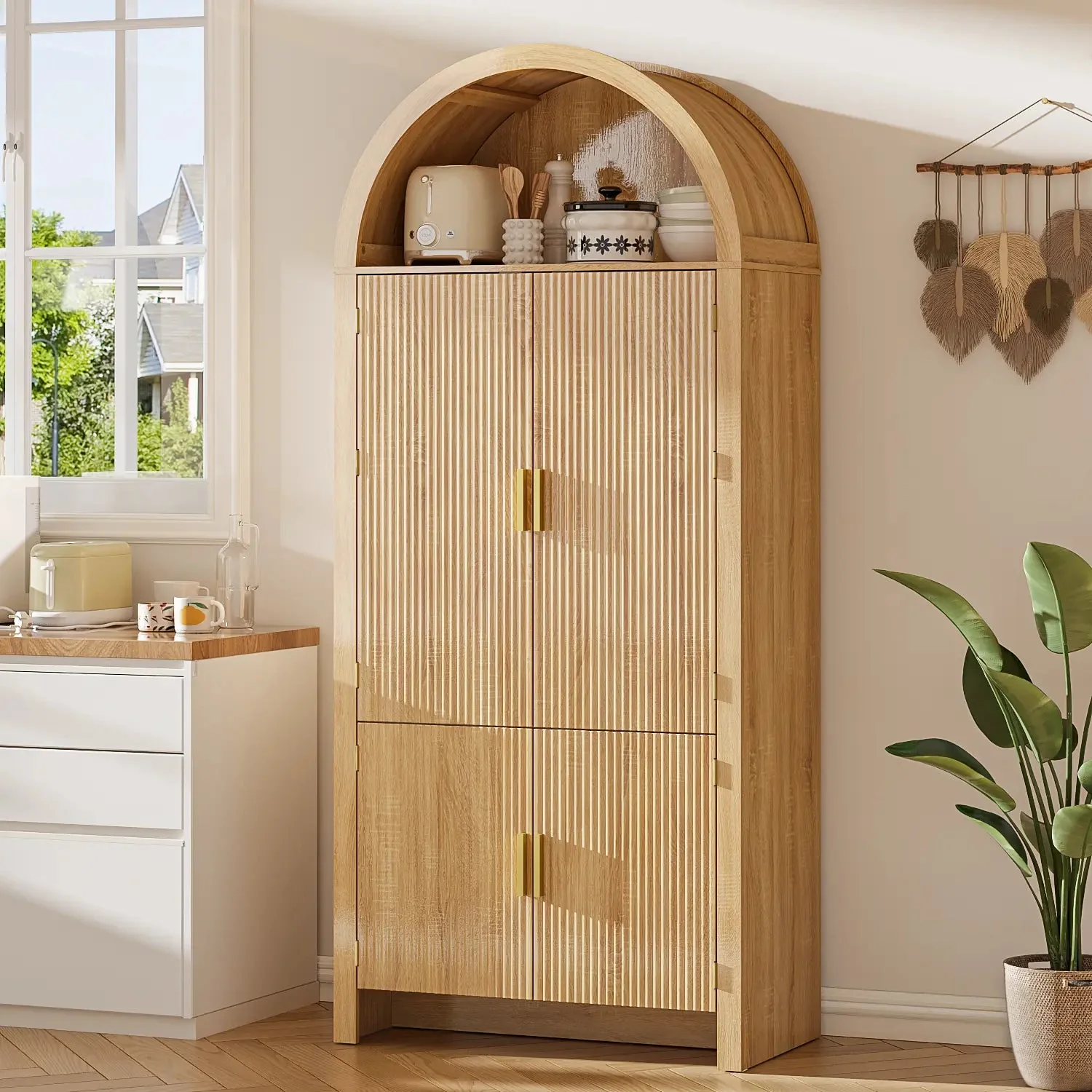 Arched Cabinet, 71" Tall Arched Kitchen Pantry Storage Cabinet with Doors, Modern Fluted Kitchen Storage Cabinet with Adjustable Shelves, Black Cupboard for Kitchen, Dining Room, Bathroom