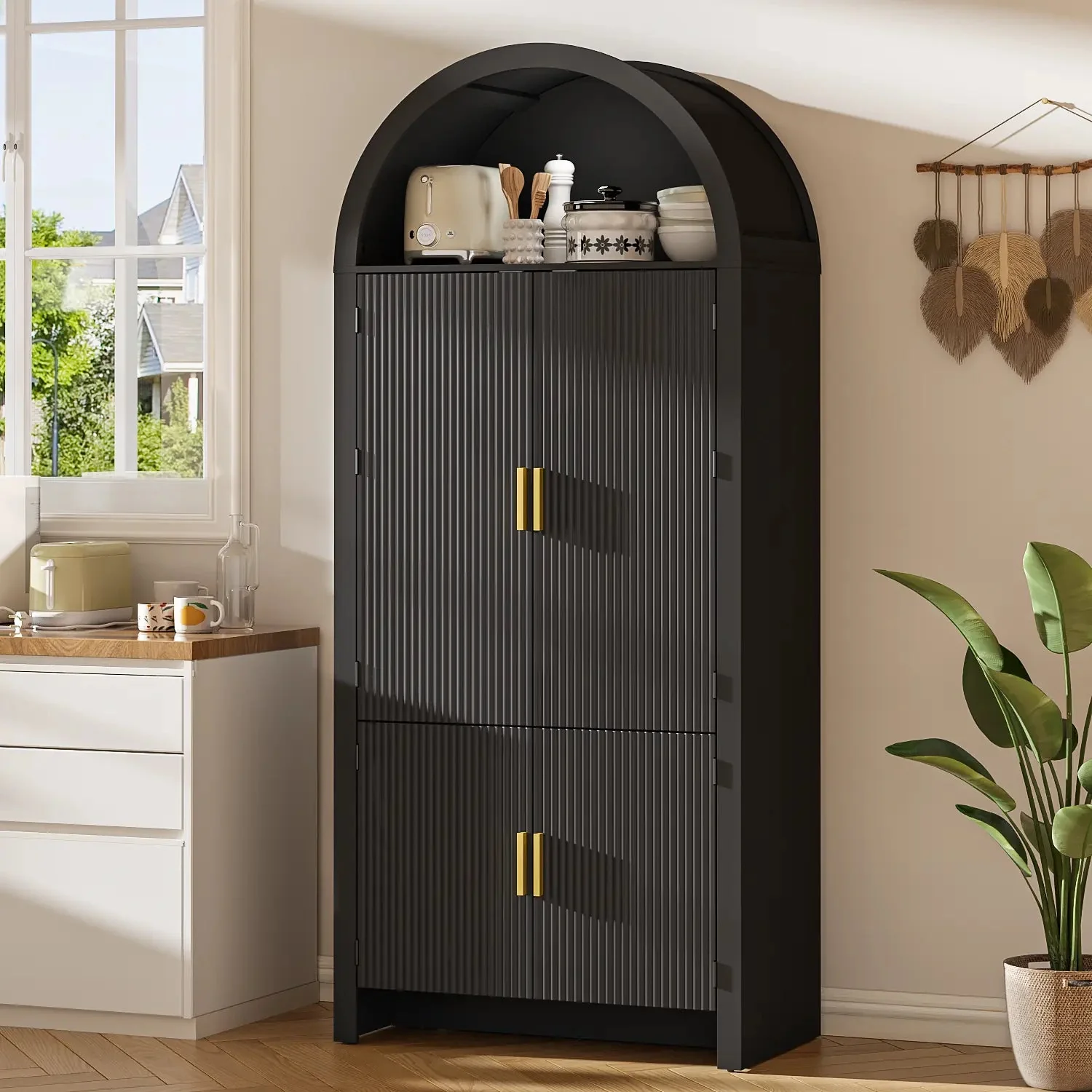 Arched Cabinet, 71" Tall Arched Kitchen Pantry Storage Cabinet with Doors, Modern Fluted Kitchen Storage Cabinet with Adjustable Shelves, Black Cupboard for Kitchen, Dining Room, Bathroom - Image 2