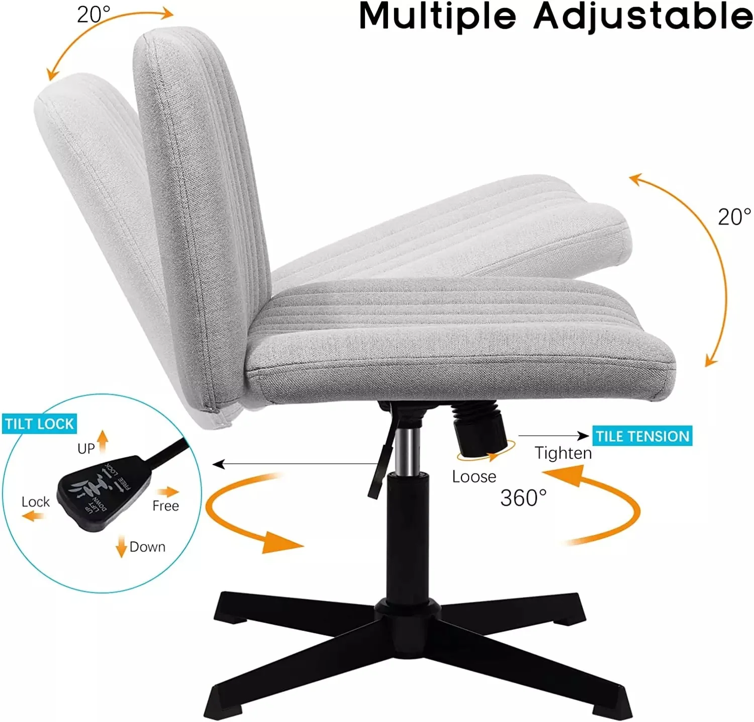 PUKAMI Armless Swivel Office Chair, Height Adjustable Wide Seat Vanity Chair OFC06 - Image 12