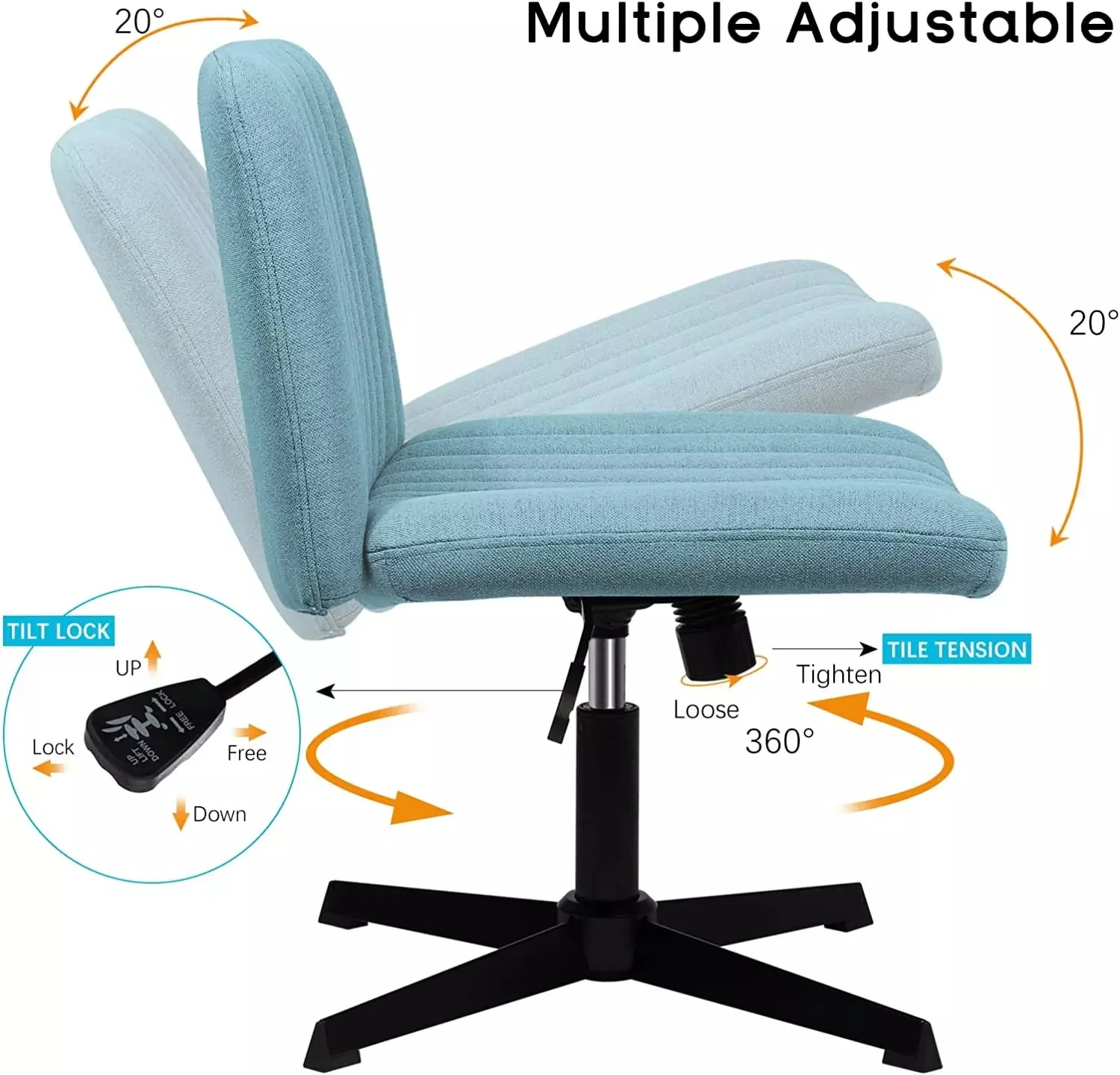 PUKAMI Armless Swivel Office Chair, Height Adjustable Wide Seat Vanity Chair OFC06 - Image 19