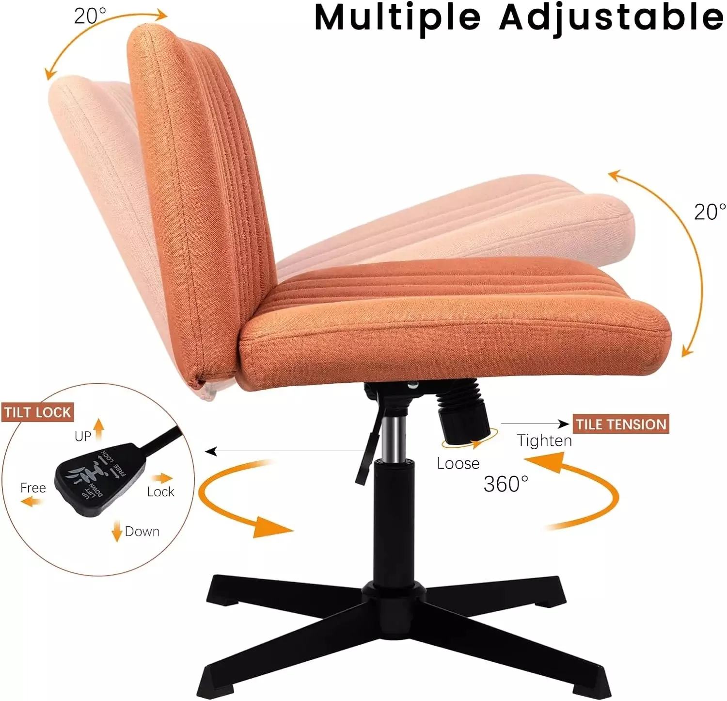 PUKAMI Armless Swivel Office Chair, Height Adjustable Wide Seat Vanity Chair OFC06 - Image 27