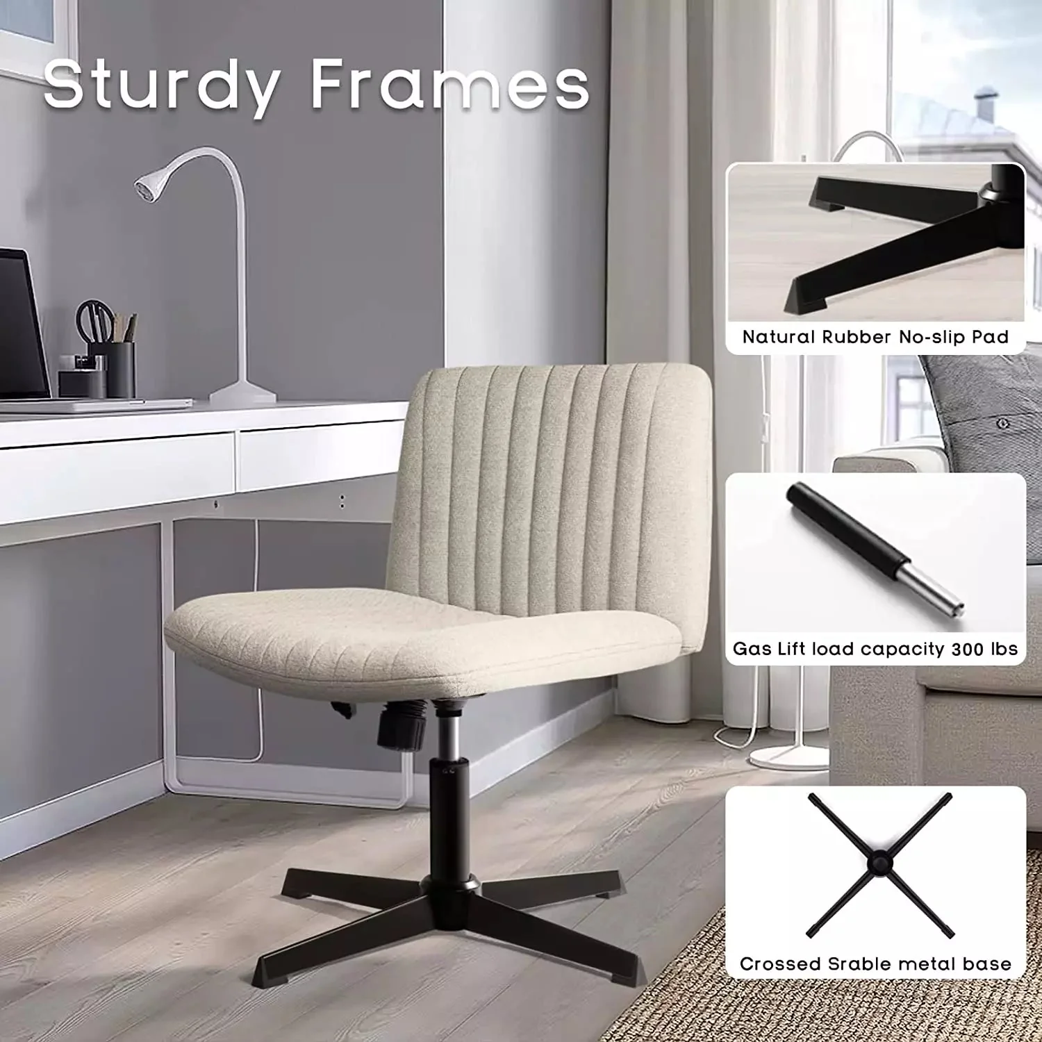 PUKAMI Armless Swivel Office Chair, Height Adjustable Wide Seat Vanity Chair OFC06 - Image 3