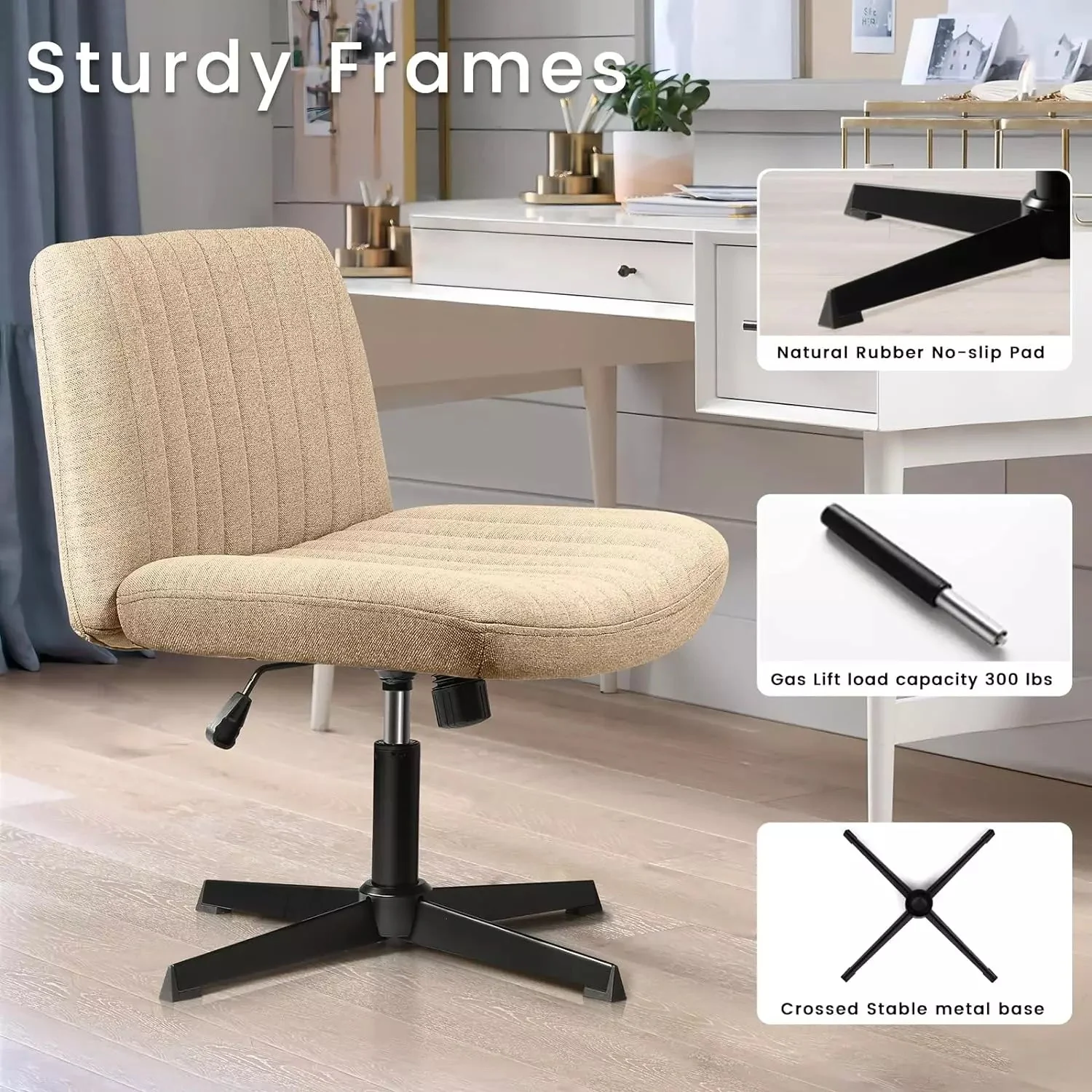 PUKAMI Armless Swivel Office Chair, Height Adjustable Wide Seat Vanity Chair OFC06 - Image 38