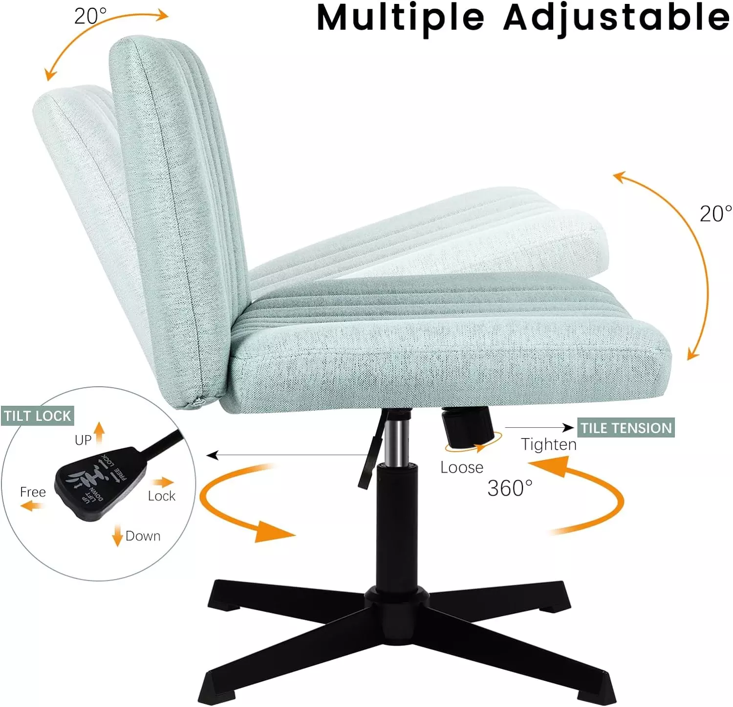 PUKAMI Armless Swivel Office Chair, Height Adjustable Wide Seat Vanity Chair OFC06 - Image 47