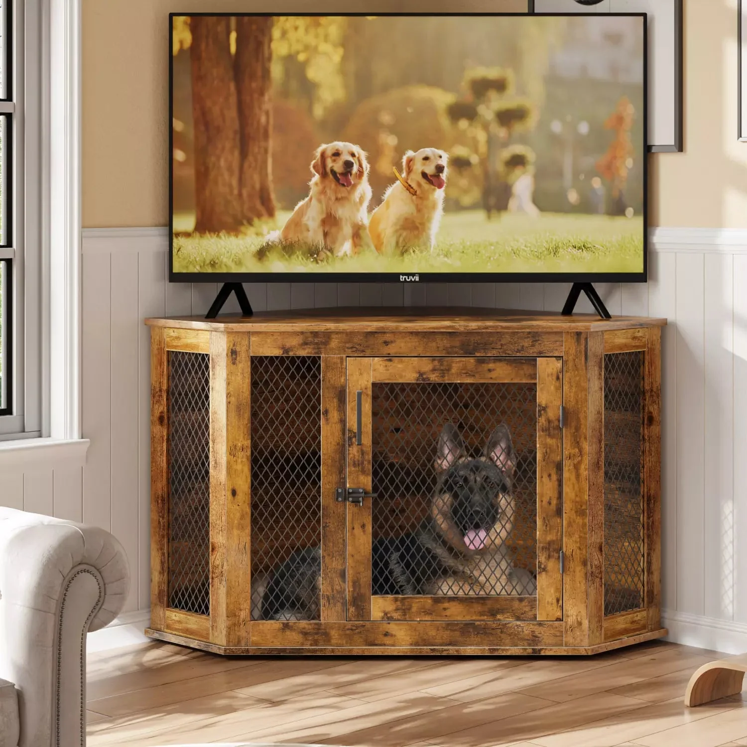 Bossin 44"Corner Dog Crate Furniture,Wooden Dog Kennel Indoor Furniture,Decorative Dog Crate, Dog Kennel TV Stand End Table for Small to Large Dogs