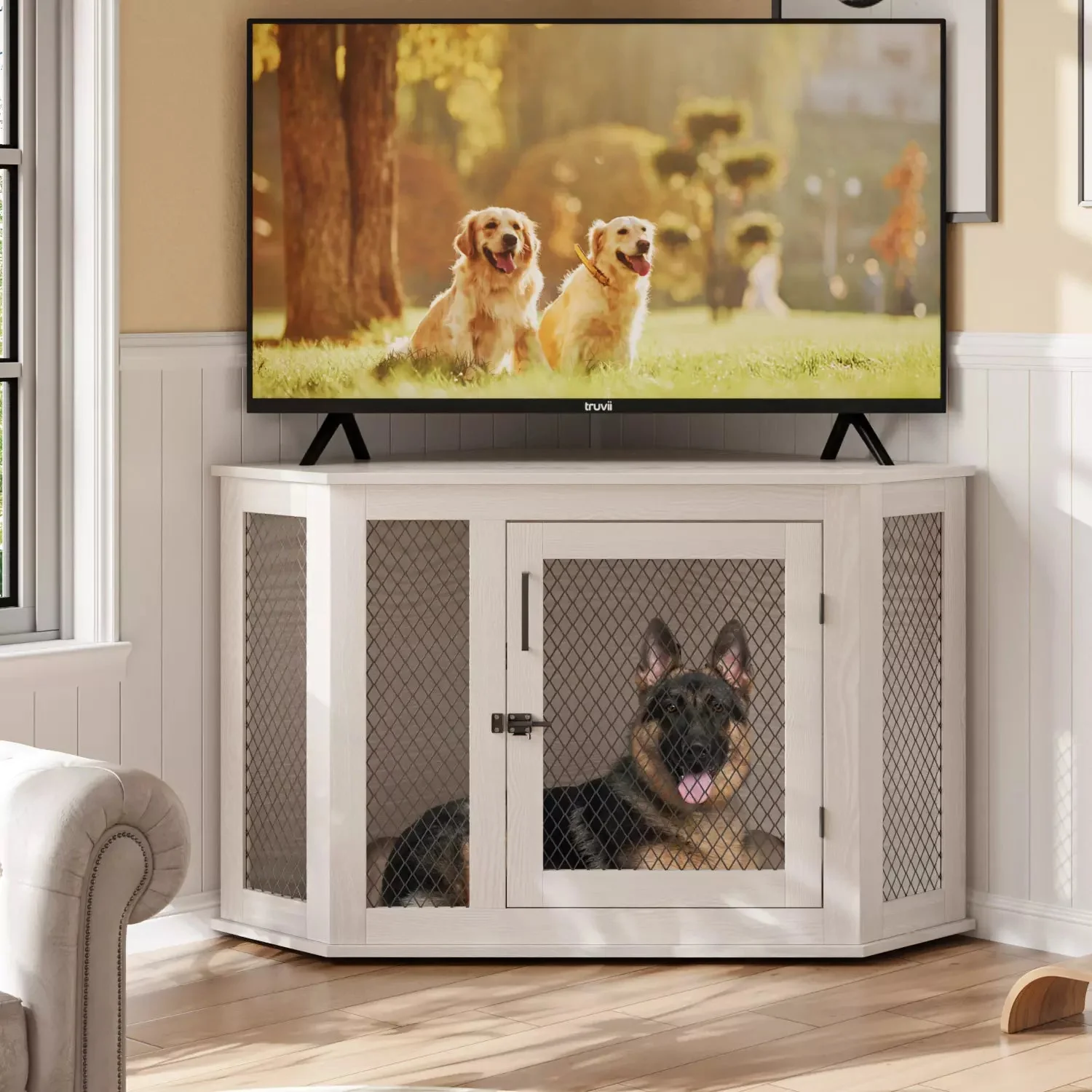 Bossin 44"Corner Dog Crate Furniture,Wooden Dog Kennel Indoor Furniture,Decorative Dog Crate, Dog Kennel TV Stand End Table for Small to Large Dogs - Image 2