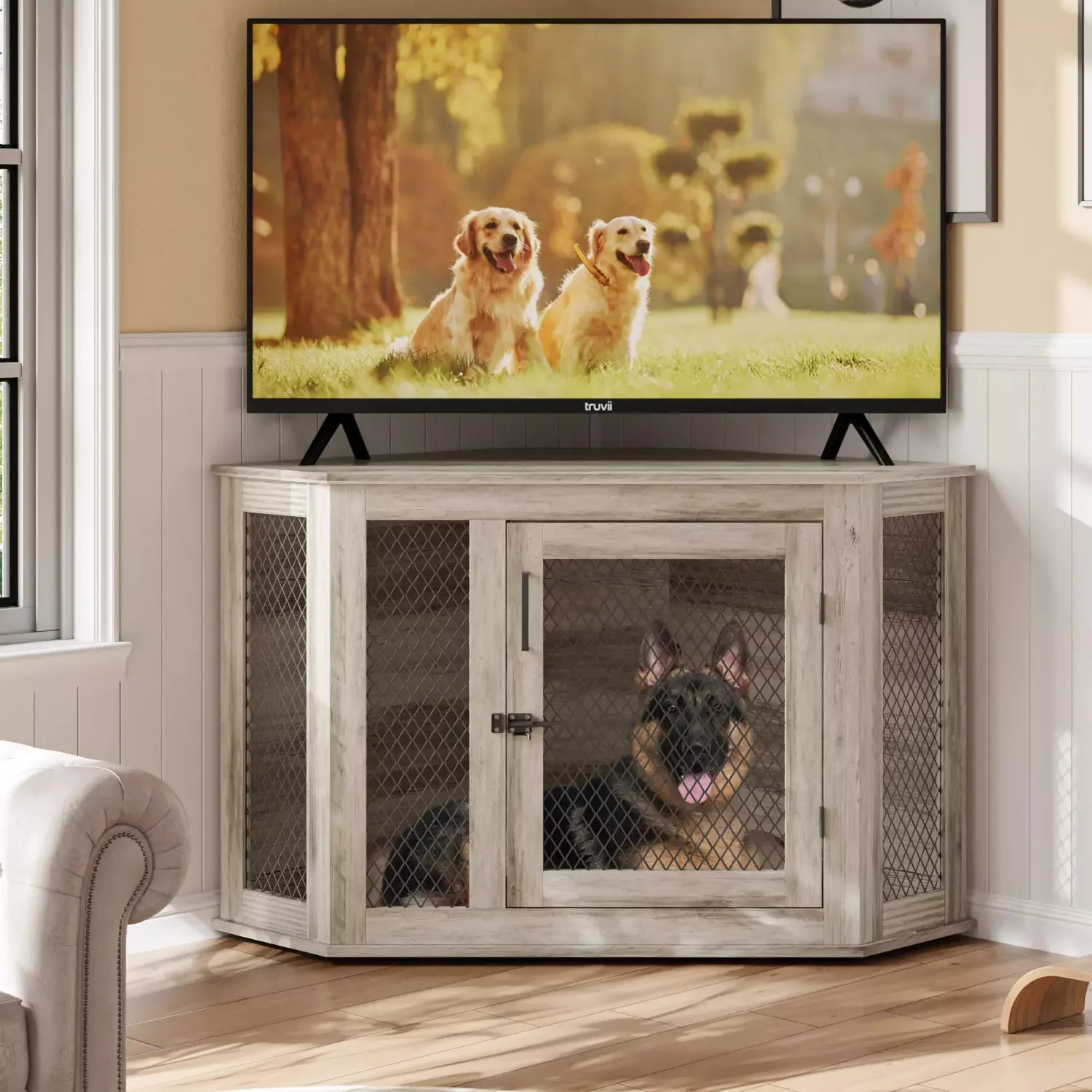 Bossin 44"Corner Dog Crate Furniture,Wooden Dog Kennel Indoor Furniture,Decorative Dog Crate, Dog Kennel TV Stand End Table for Small to Large Dogs - Image 3