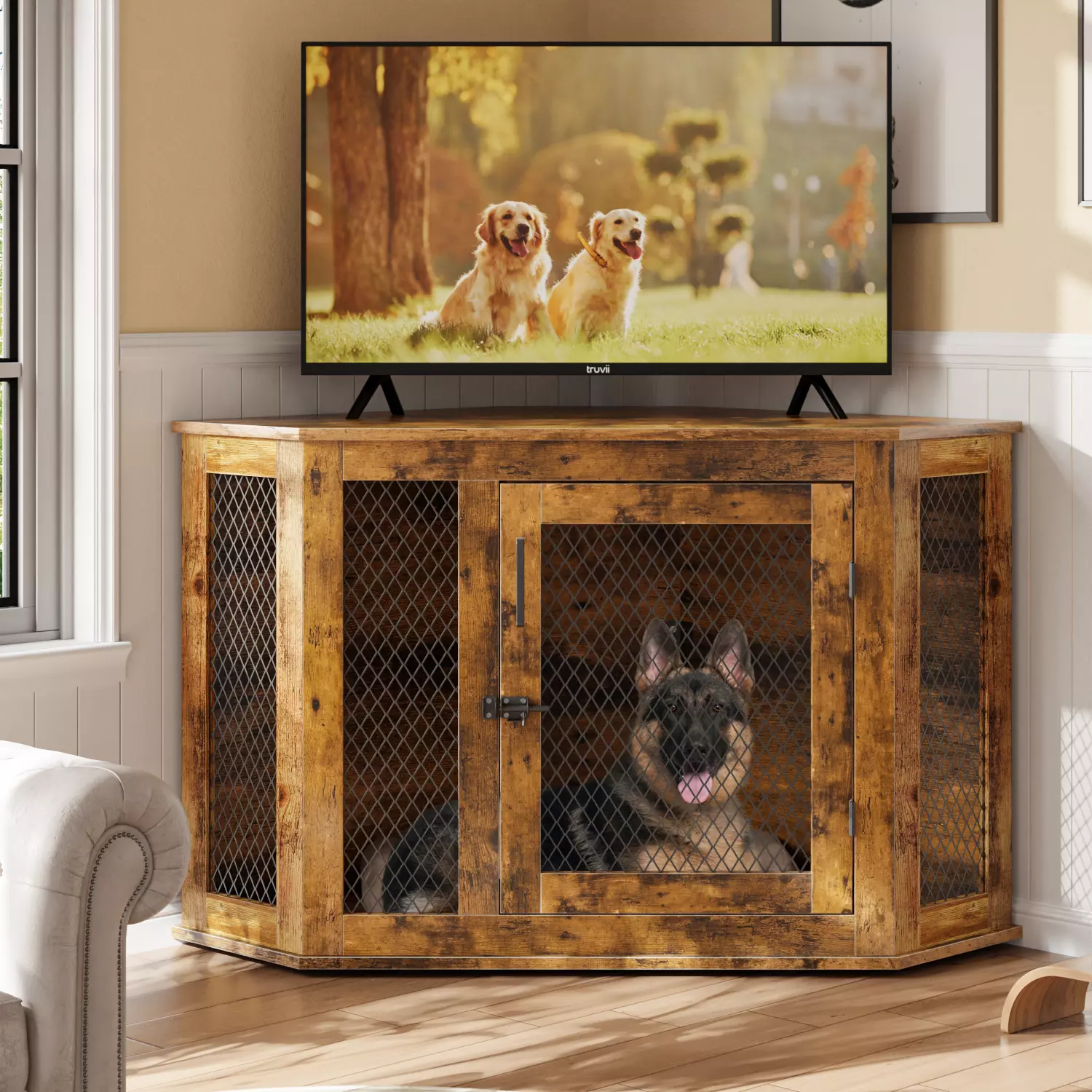 Bossin 44"Corner Dog Crate Furniture,Wooden Dog Kennel Indoor Furniture,Decorative Dog Crate, Dog Kennel TV Stand End Table for Small to Large Dogs - Image 4