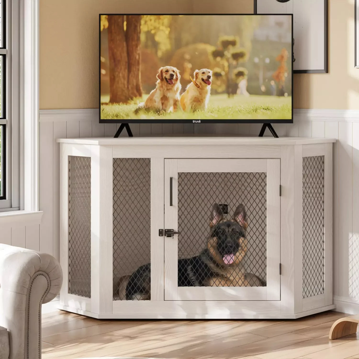 Bossin 44"Corner Dog Crate Furniture,Wooden Dog Kennel Indoor Furniture,Decorative Dog Crate, Dog Kennel TV Stand End Table for Small to Large Dogs - Image 5