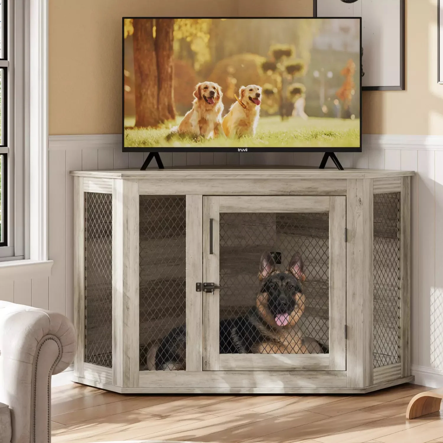 Bossin 44"Corner Dog Crate Furniture,Wooden Dog Kennel Indoor Furniture,Decorative Dog Crate, Dog Kennel TV Stand End Table for Small to Large Dogs - Image 6