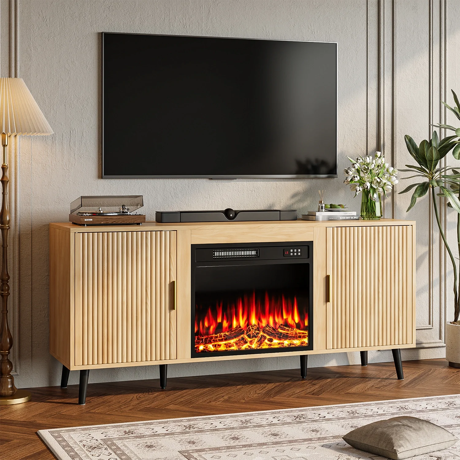 Bossin 58" Wood Mid Century Modern TV Stand with Fireplace, Entertainment Center up to 65" TV ,Electric Fireplace TV Stand with LED Lights for Living Room