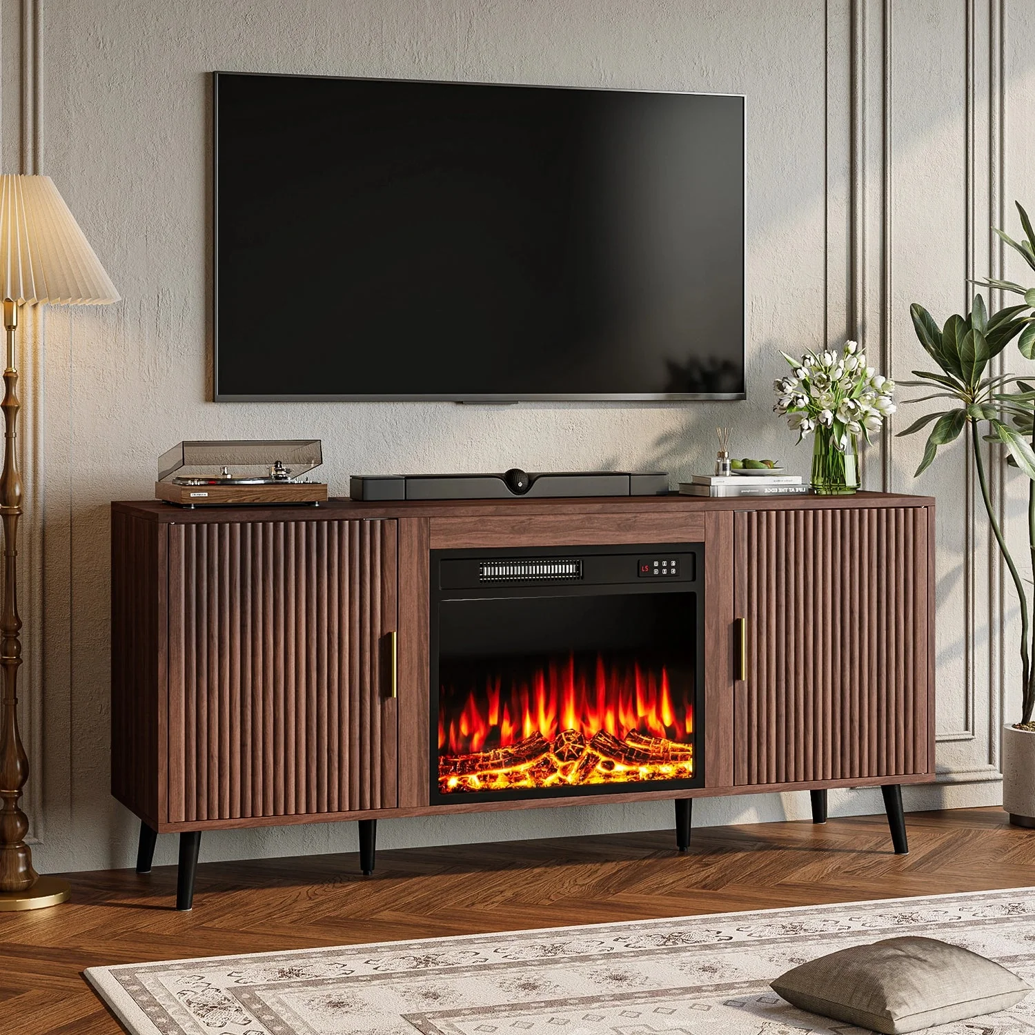 Bossin 58" Wood Mid Century Modern TV Stand with Fireplace, Entertainment Center up to 65" TV ,Electric Fireplace TV Stand with LED Lights for Living Room - Image 2