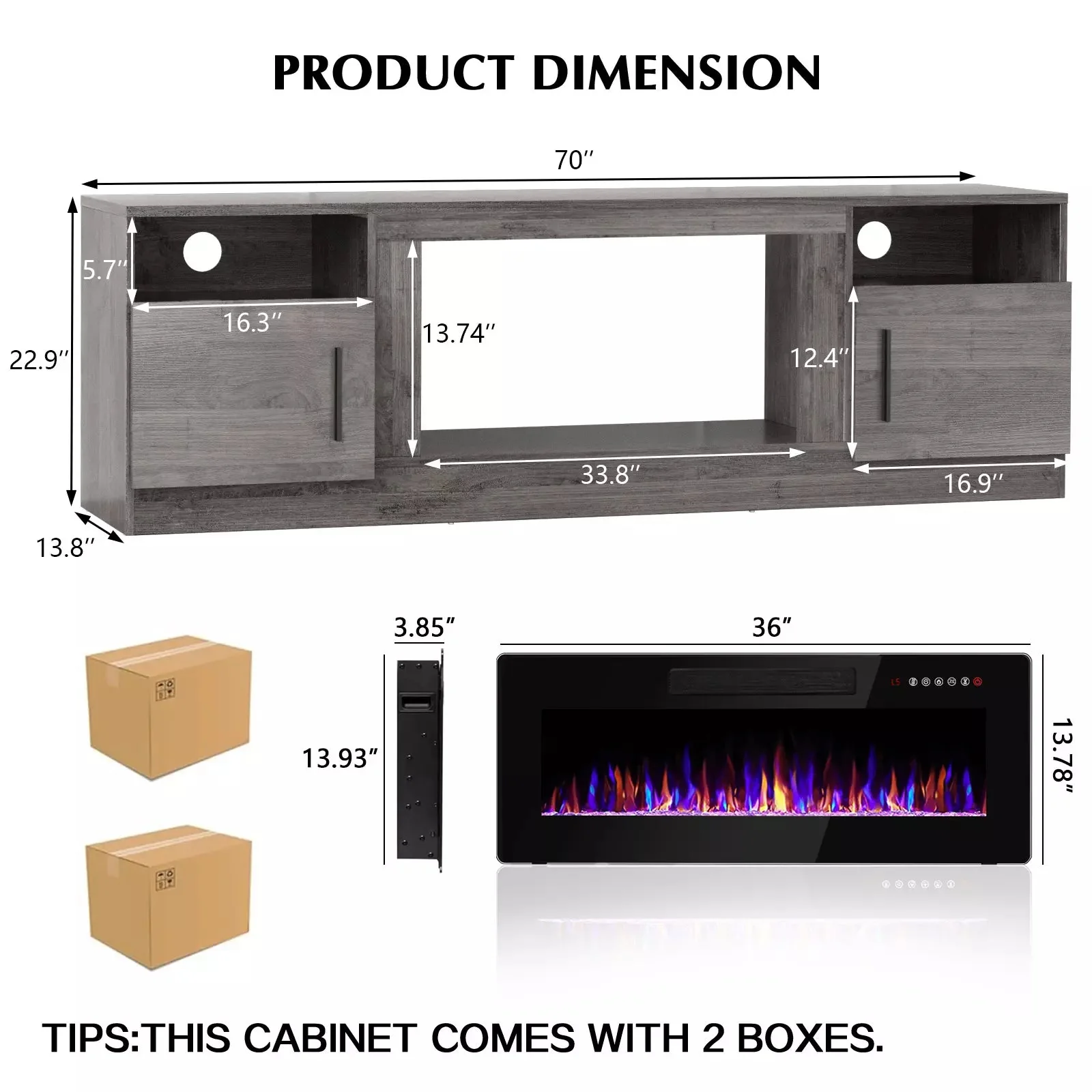 BOSSIN 70 inches Fireplace TV Stand with 36 inch Fireplace Up to 80" TVs - Image 16