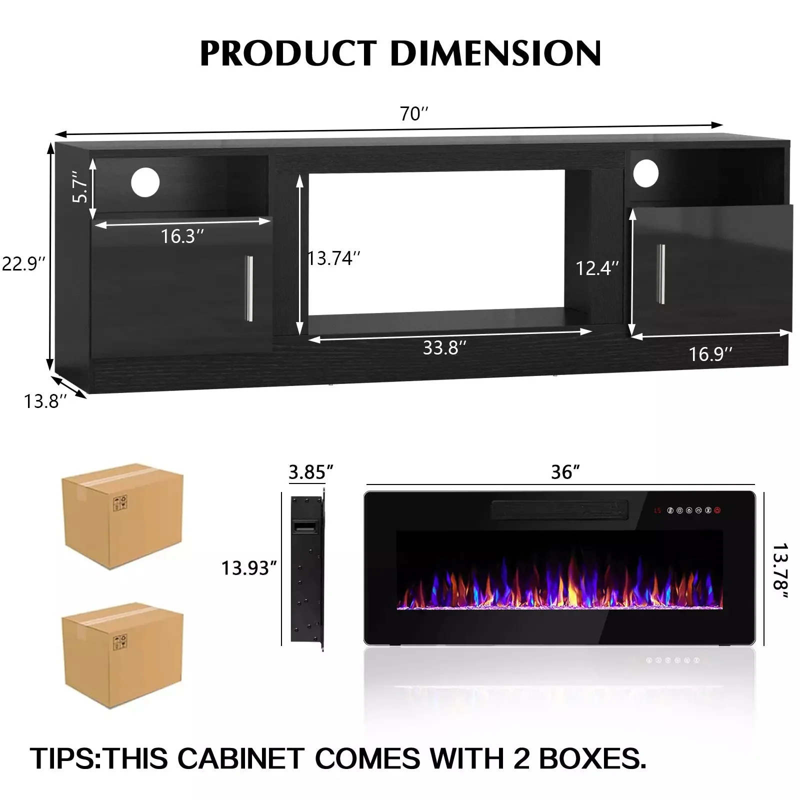 BOSSIN 70 inches Fireplace TV Stand with 36 inch Fireplace Up to 80" TVs - Image 8