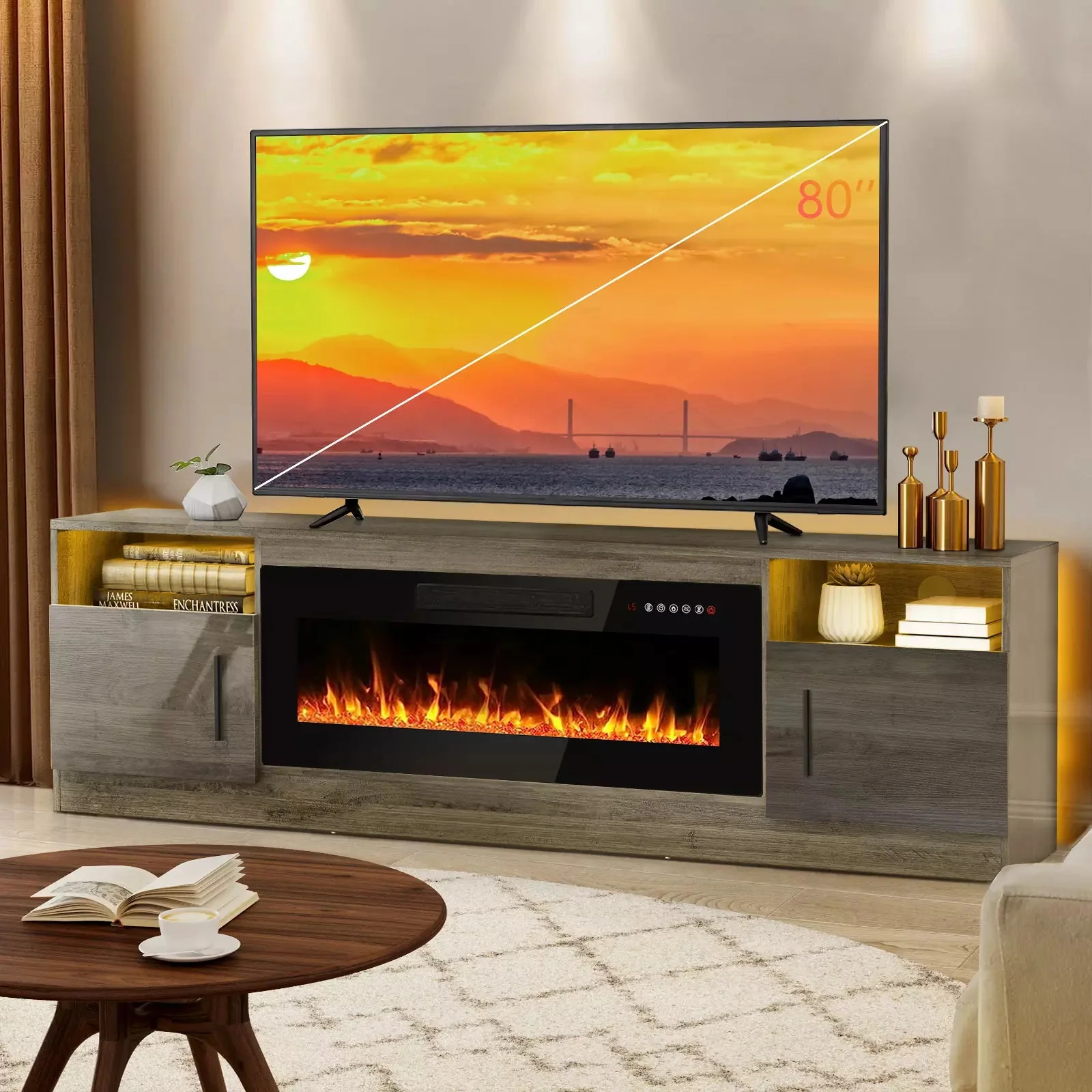 BOSSIN 70 inches Fireplace TV Stand with 36 inch Fireplace Up to 80" TVs - Image 9
