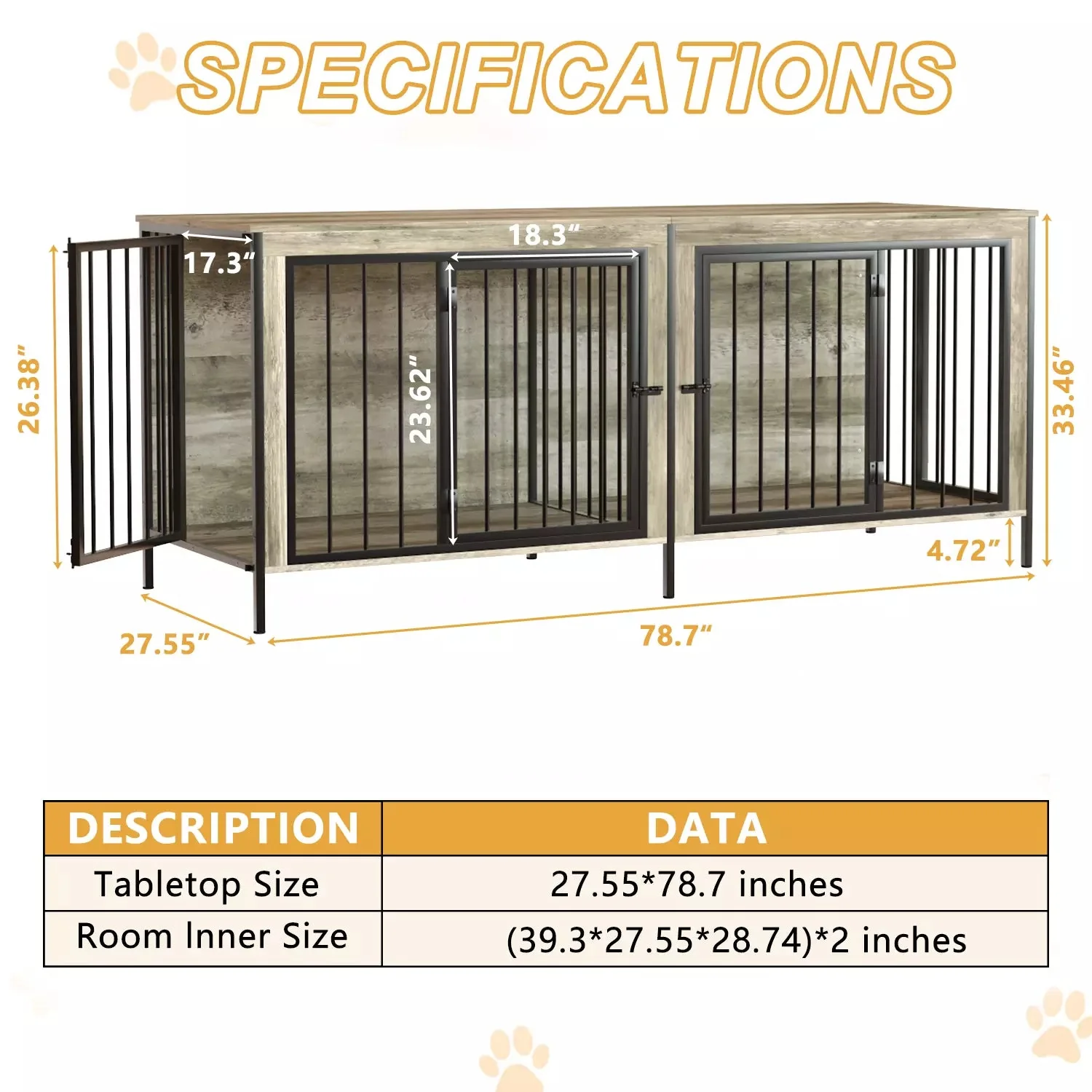 BOSSIN 78inch Dog Crate Furniture for 2 Dogs, Large Double Dog Cage Furniture with Divider, Wooden Indoor Dog Kennel for Medium Large Dogs - Image 10
