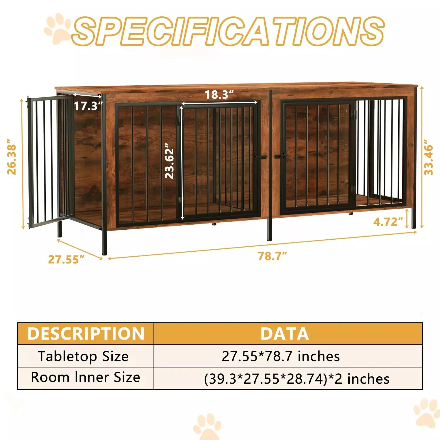 BOSSIN 78inch Dog Crate Furniture for 2 Dogs, Large Double Dog Cage Furniture with Divider, Wooden Indoor Dog Kennel for Medium Large Dogs - Image 3