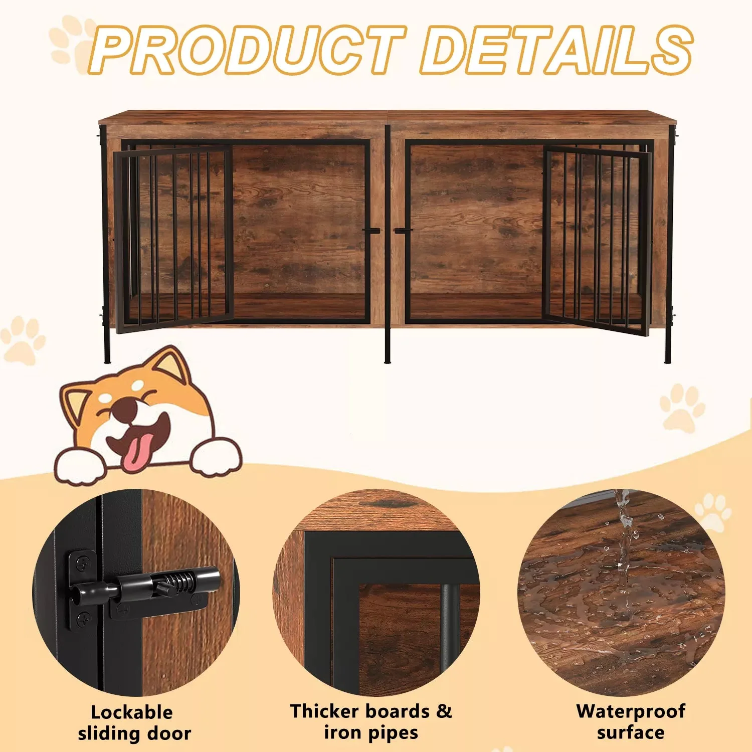 BOSSIN 78inch Dog Crate Furniture for 2 Dogs, Large Double Dog Cage Furniture with Divider, Wooden Indoor Dog Kennel for Medium Large Dogs - Image 4