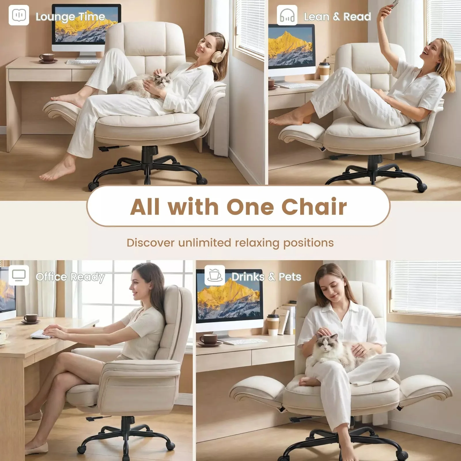 BOSSIN Cross Legged Office Chair with Flip-up Armrests, 135° Reclining Ergonomic Executive Chair for Big and Tall, Wide Seat Computer Desk Chair with Wheels - Image 3