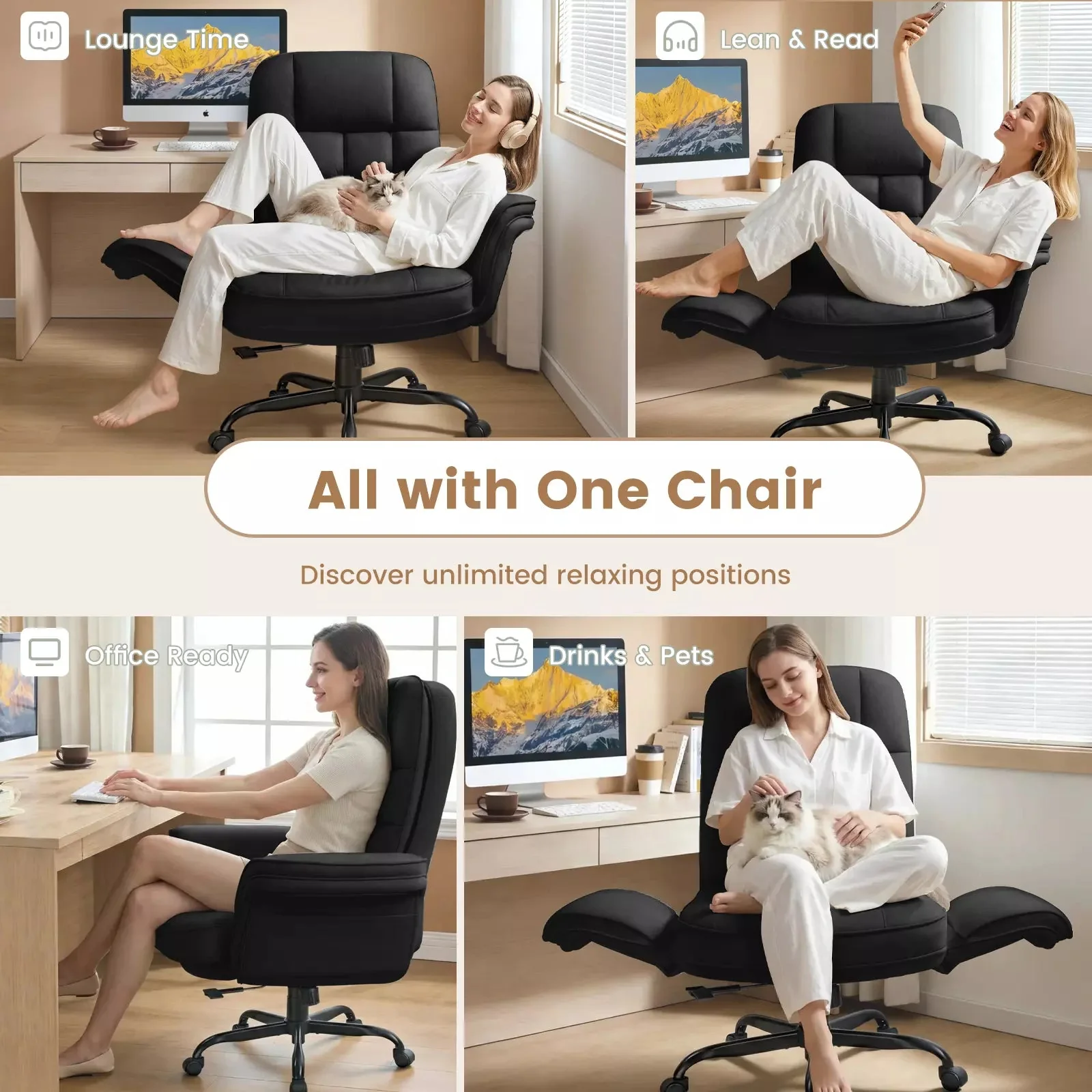 BOSSIN Cross Legged Office Chair with Flip-up Armrests, 135° Reclining Ergonomic Executive Chair for Big and Tall, Wide Seat Computer Desk Chair with Wheels - Image 8