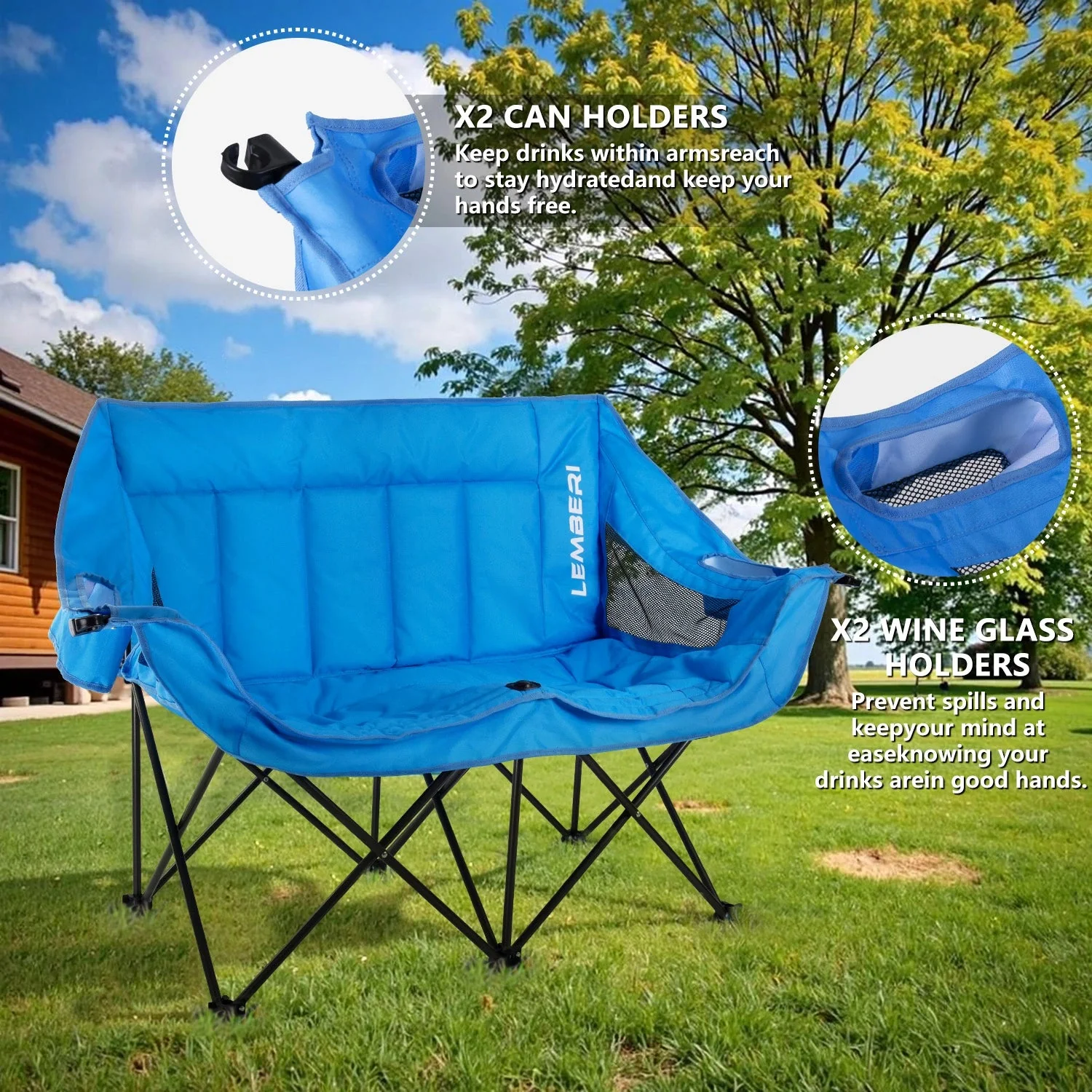 BOSSIN Double Oversized Camping Chairs for Adults, Folding Loveseat Camping Couch with Side Cup Holder&Back Pocket - Image 2