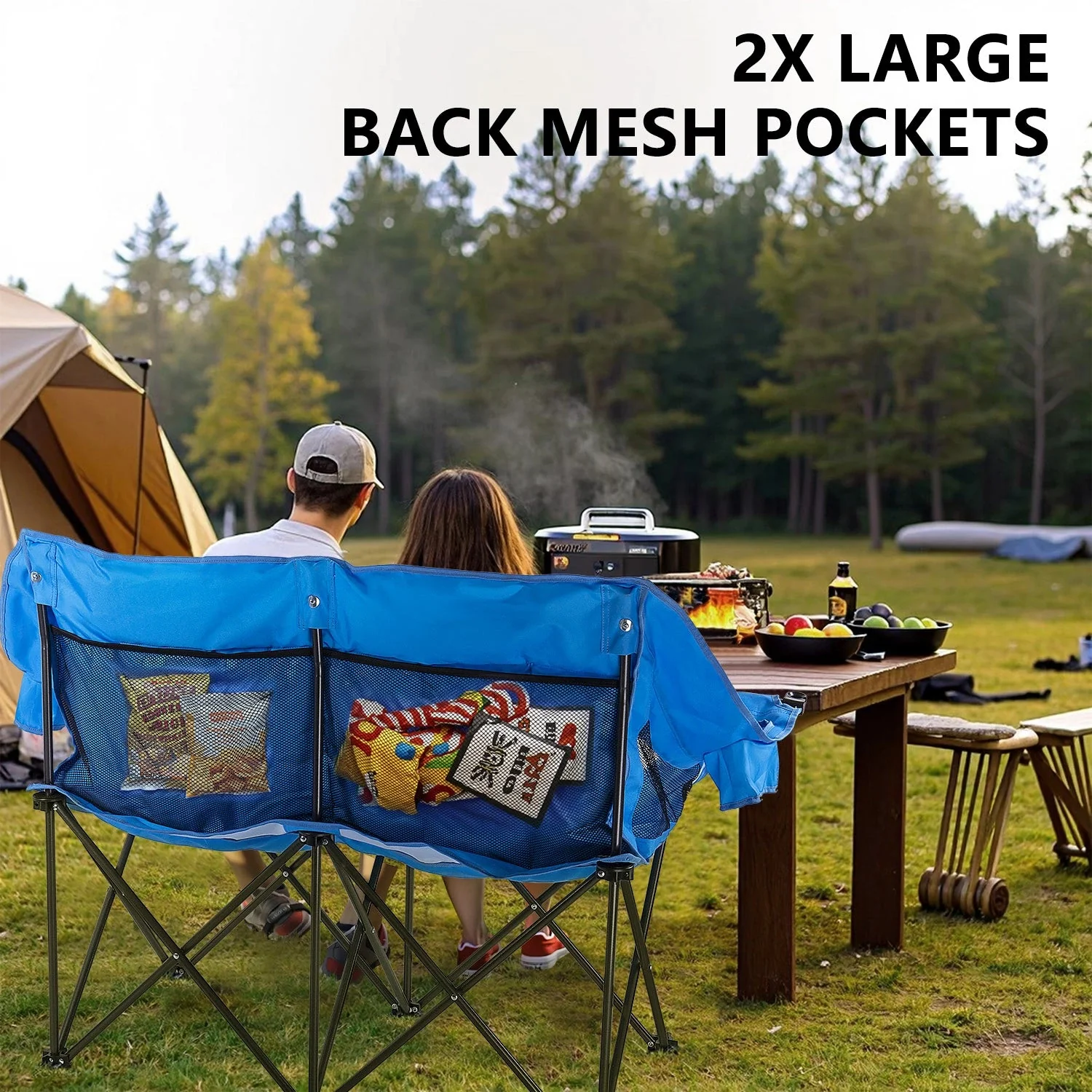 BOSSIN Double Oversized Camping Chairs for Adults, Folding Loveseat Camping Couch with Side Cup Holder&Back Pocket - Image 3