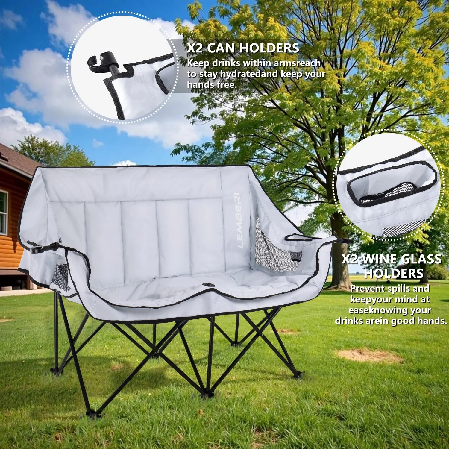 BOSSIN Double Oversized Camping Chairs for Adults, Folding Loveseat Camping Couch with Side Cup Holder&Back Pocket - Image 9