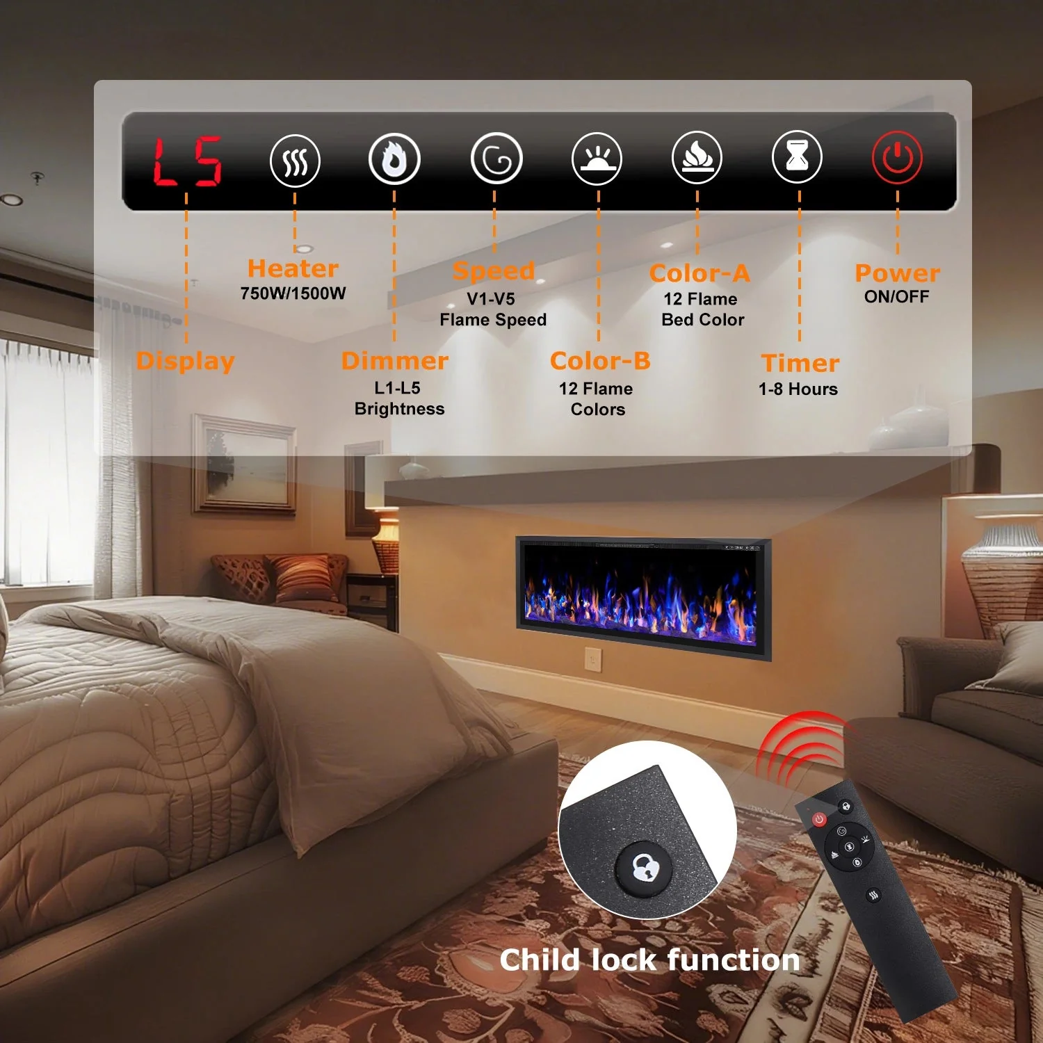 BOSSIN  Electric Fireplace Ultra Narrow Frame &Wider screen with Adjustable Flame Color and Speed,Remote Control with Timer,750/1500W - Image 14