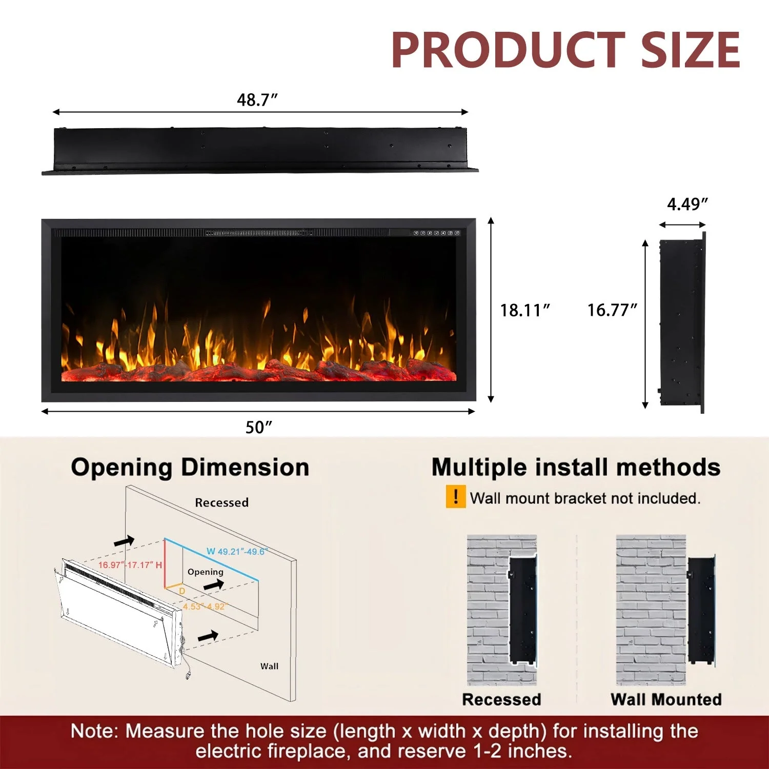 BOSSIN  Electric Fireplace Ultra Narrow Frame &Wider screen with Adjustable Flame Color and Speed,Remote Control with Timer,750/1500W - Image 15