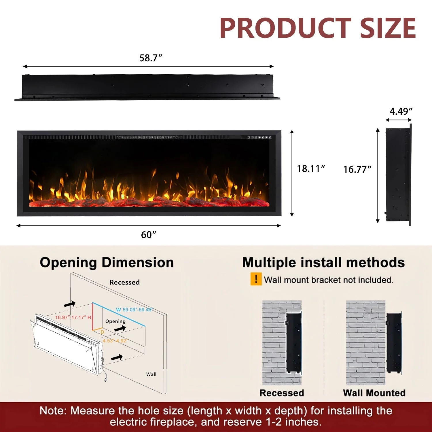 BOSSIN  Electric Fireplace Ultra Narrow Frame &Wider screen with Adjustable Flame Color and Speed,Remote Control with Timer,750/1500W - Image 17