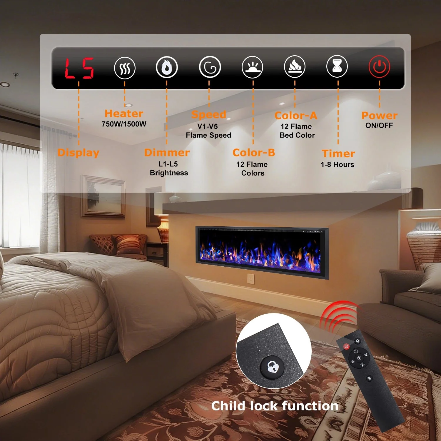 BOSSIN  Electric Fireplace Ultra Narrow Frame &Wider screen with Adjustable Flame Color and Speed,Remote Control with Timer,750/1500W - Image 21