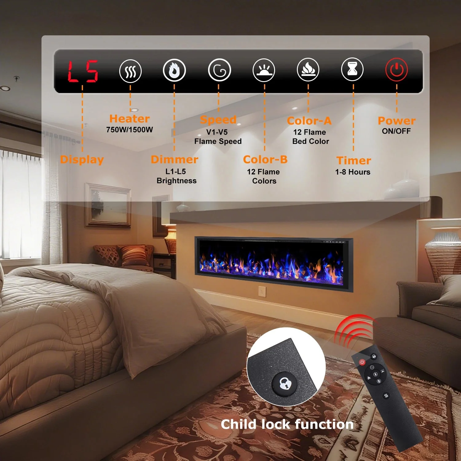 BOSSIN  Electric Fireplace Ultra Narrow Frame &Wider screen with Adjustable Flame Color and Speed,Remote Control with Timer,750/1500W - Image 25