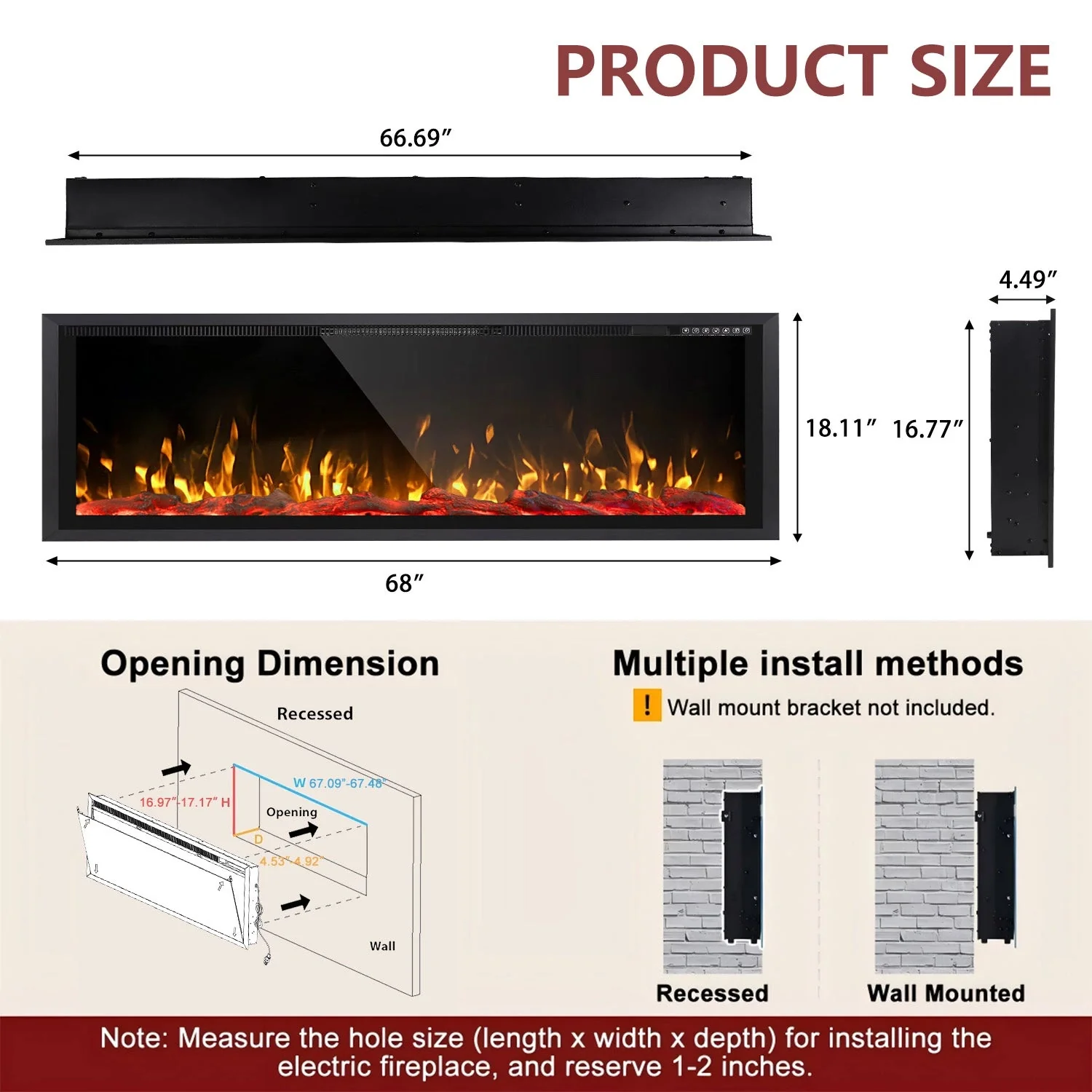 BOSSIN  Electric Fireplace Ultra Narrow Frame &Wider screen with Adjustable Flame Color and Speed,Remote Control with Timer,750/1500W - Image 26