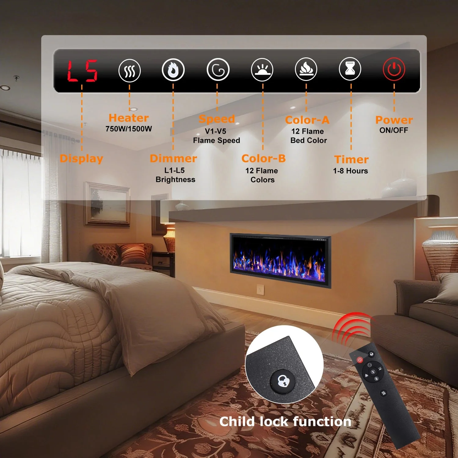BOSSIN  Electric Fireplace Ultra Narrow Frame &Wider screen with Adjustable Flame Color and Speed,Remote Control with Timer,750/1500W - Image 8