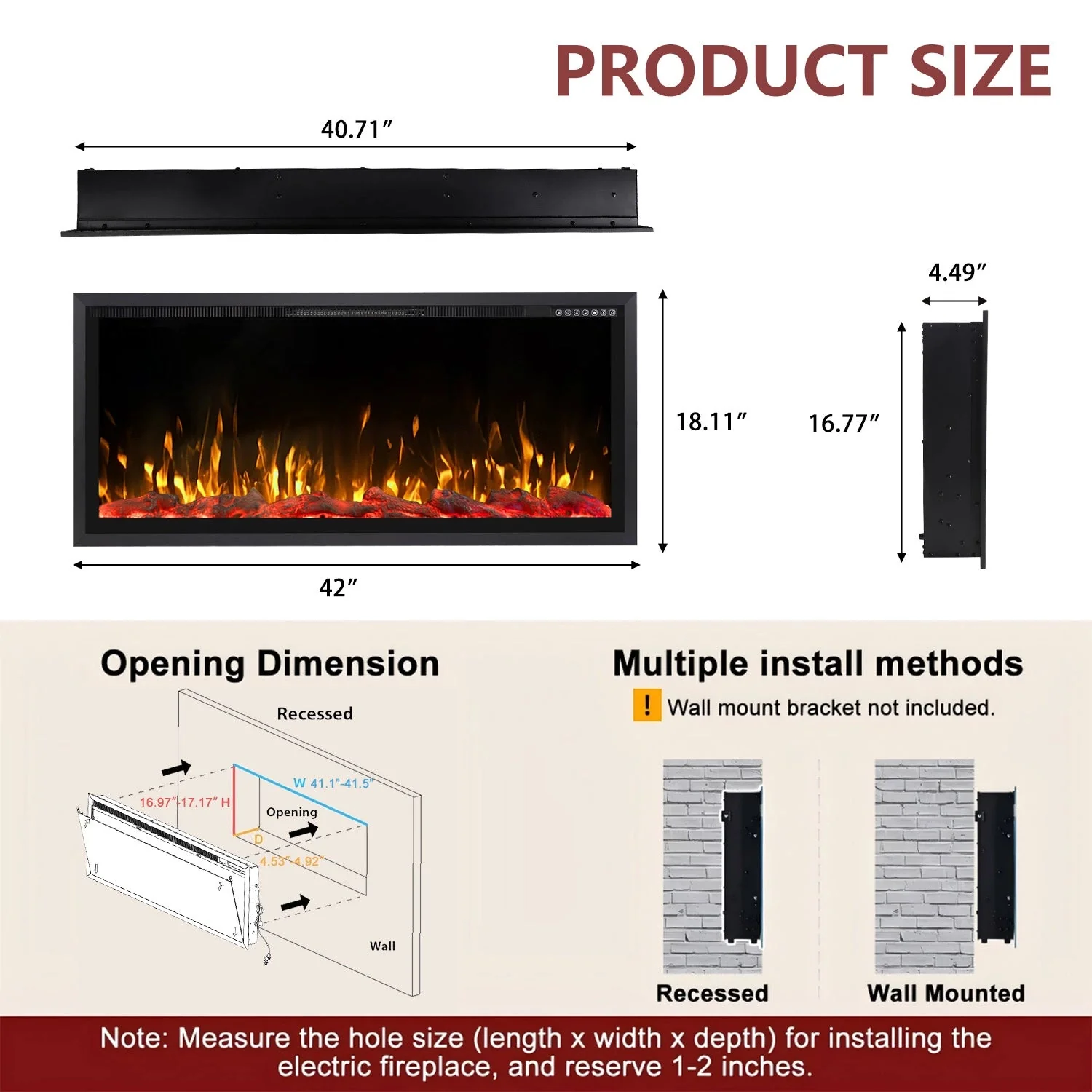 BOSSIN  Electric Fireplace Ultra Narrow Frame &Wider screen with Adjustable Flame Color and Speed,Remote Control with Timer,750/1500W - Image 9