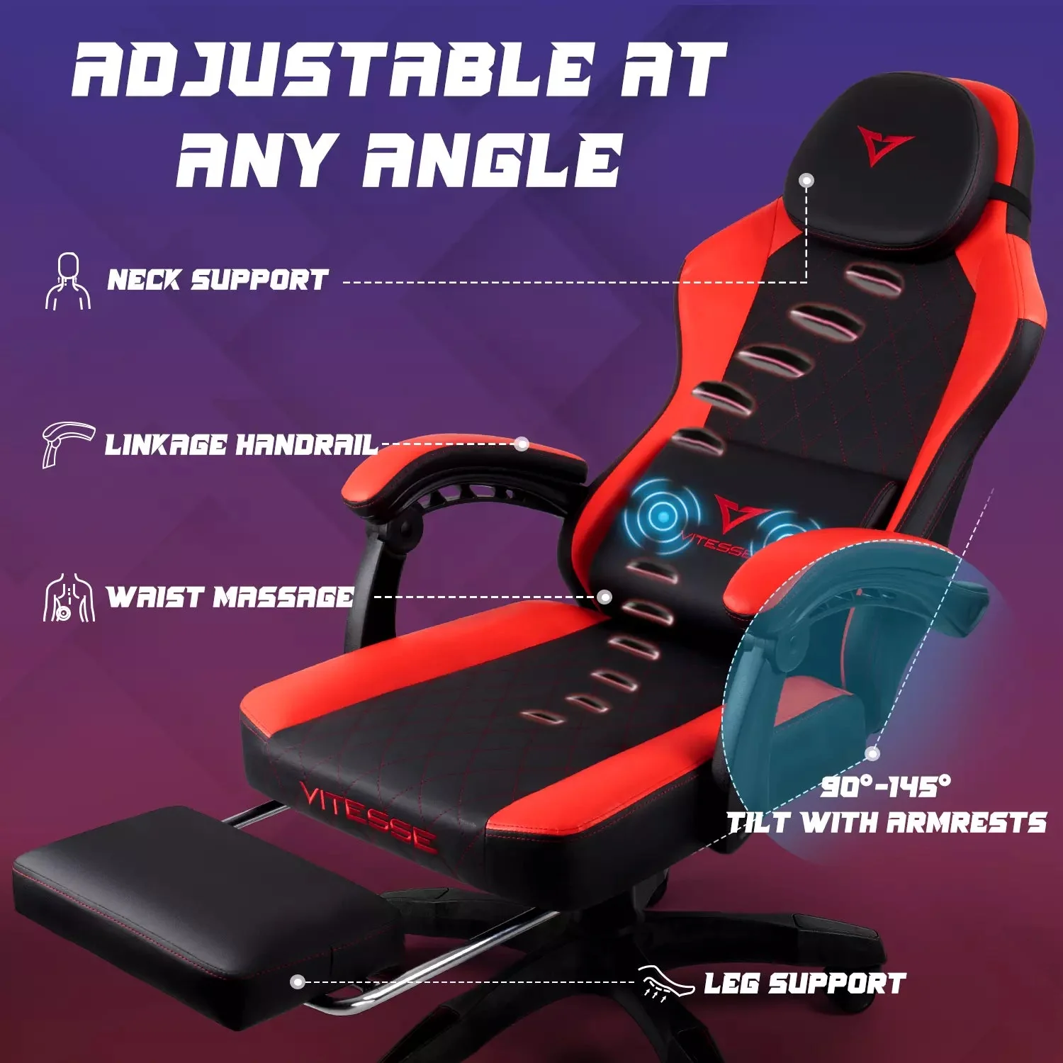 Waleaf Ergonomic Adult Gamer Chair, 330 lb Computer Chair, Racing Gaming Office Chair, Gamer Height Adjustable Swivel Chair with Lumbar Support and Headrest - Image 6