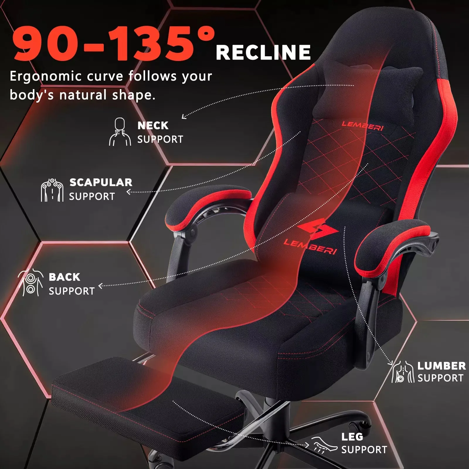BOSSIN Gaming Chair, Fabric Big and Tall Video Game Chairs for Adults with Footrest,Racing Style Ergonomic Computer Gamer Chair with Headrest and Lumbar Support - Image 10