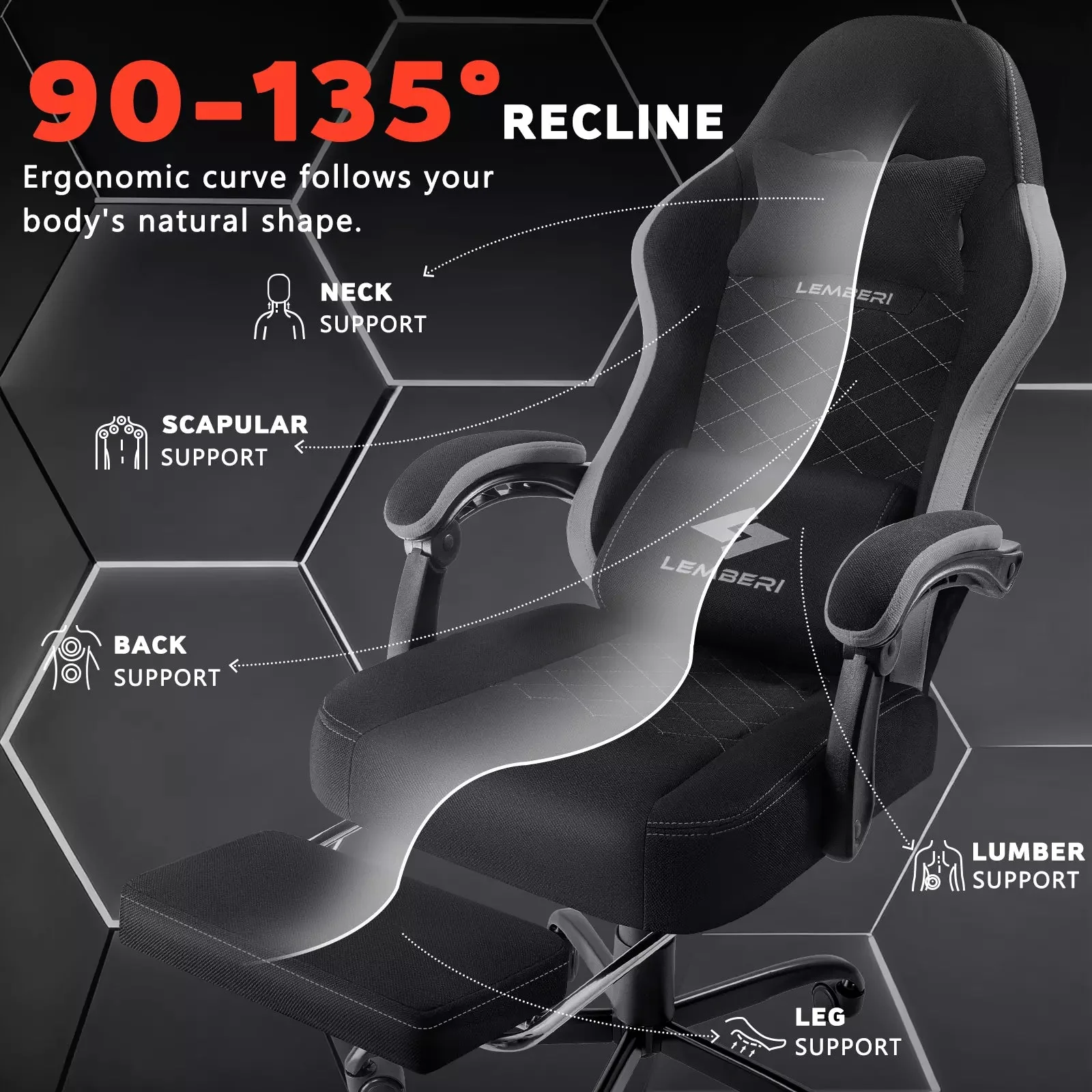 BOSSIN Gaming Chair, Fabric Big and Tall Video Game Chairs for Adults with Footrest,Racing Style Ergonomic Computer Gamer Chair with Headrest and Lumbar Support - Image 16