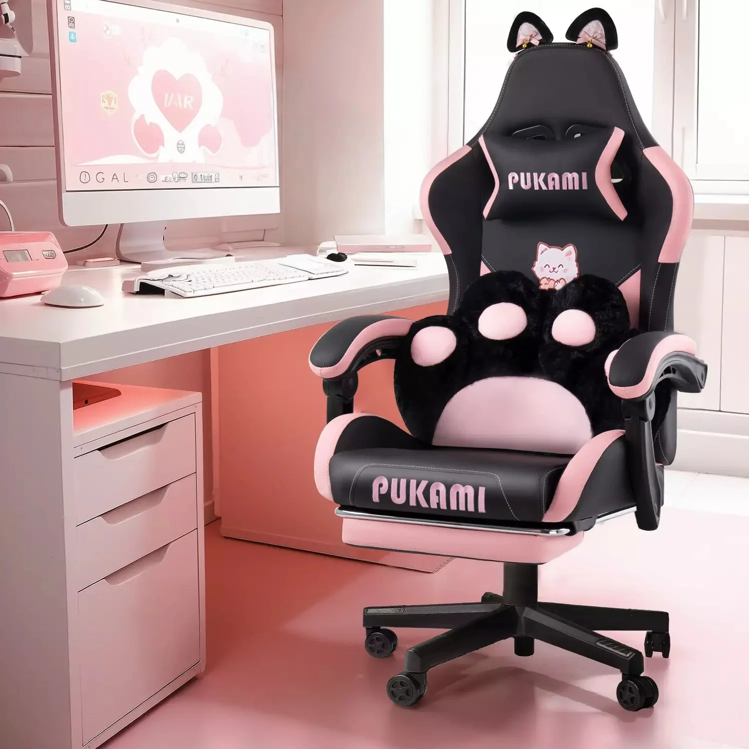 BOSSIN Pink Gaming Chair,Ergonomic Computer Chair for adult with Cat Paw Lumbar Cushion and Cat Ears - Image 31