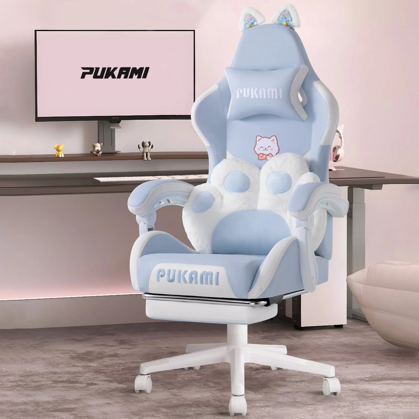 BOSSIN Pink Gaming Chair,Ergonomic Computer Chair for adult with Cat Paw Lumbar Cushion and Cat Ears - Image 32