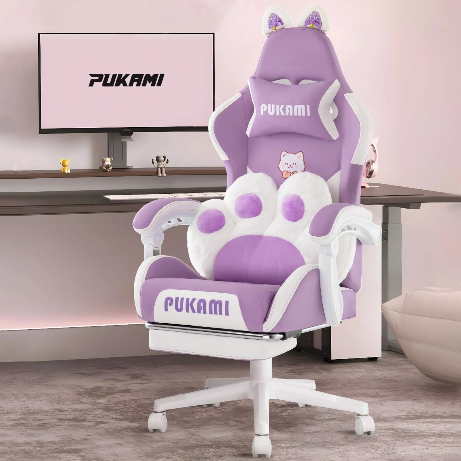 BOSSIN Pink Gaming Chair,Ergonomic Computer Chair for adult with Cat Paw Lumbar Cushion and Cat Ears - Image 33