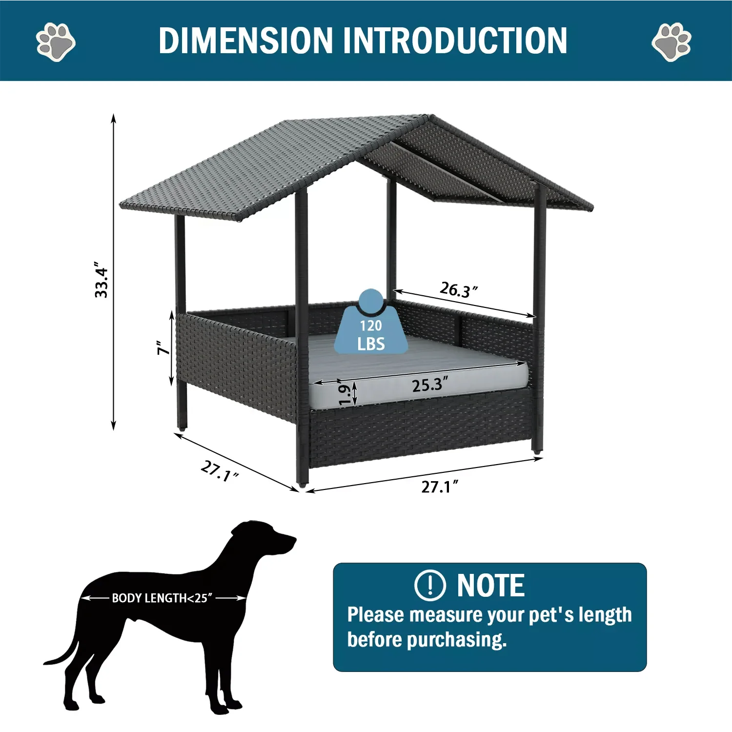 BOSSIN Wicker Dog House with Cushion for Small/Medium Dogs,Outdoor Indoor dog house with Canopy for Deck,Patio,Yard - Image 6