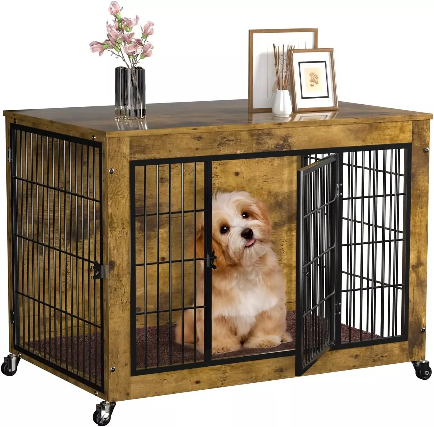 VITESSE Dog Crate Furniture with Cushion,38" Wooden Dog Crate nightstand with Double Doors