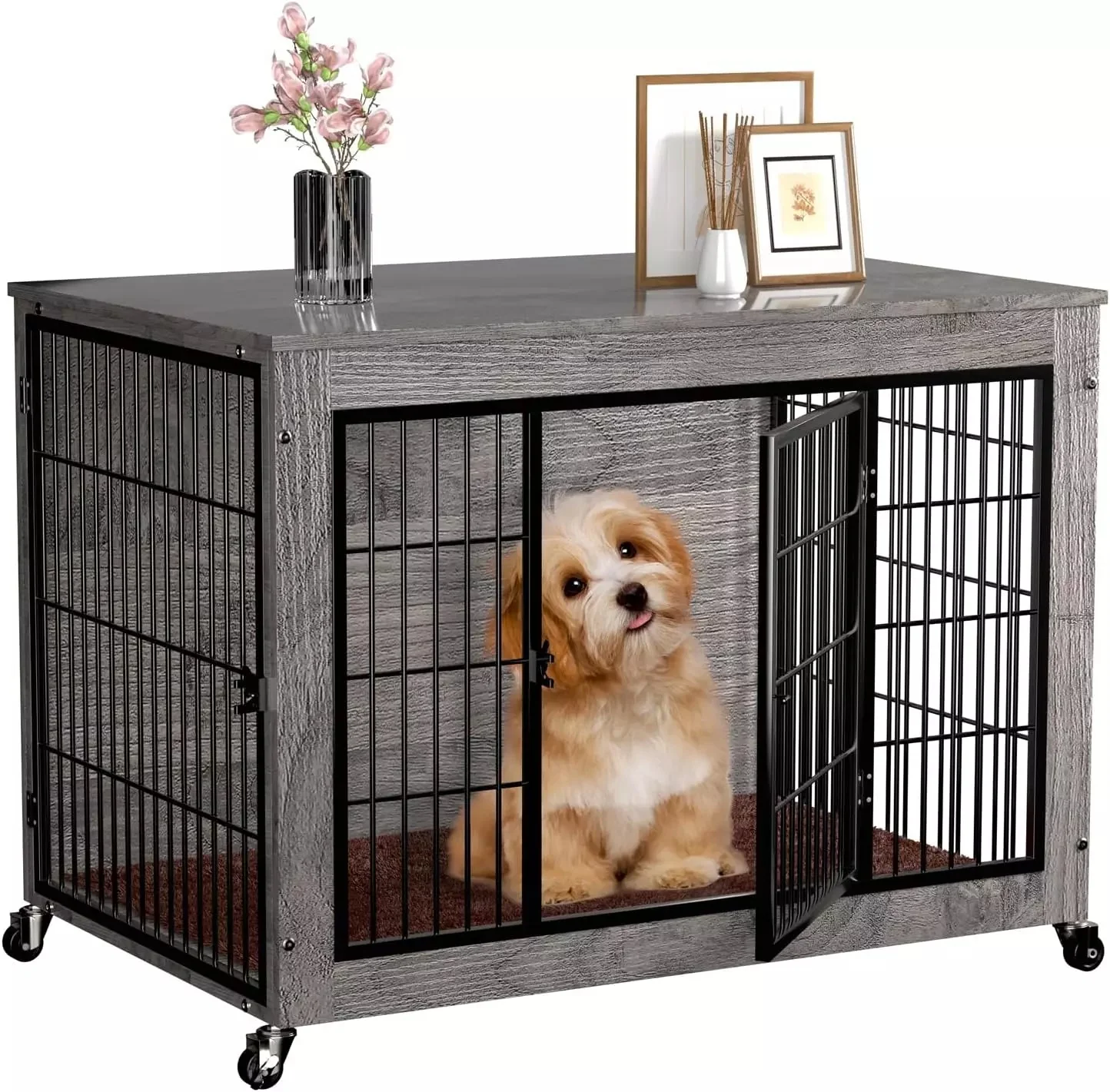 VITESSE Dog Crate Furniture with Cushion,38" Wooden Dog Crate nightstand with Double Doors - Image 2