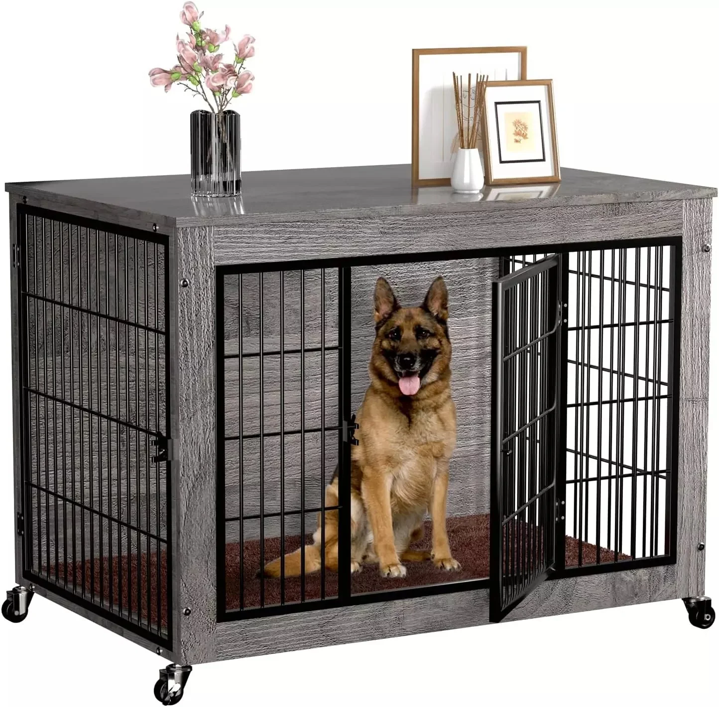 VITESSE Dog Crate Furniture with Cushion,38" Wooden Dog Crate nightstand with Double Doors - Image 4