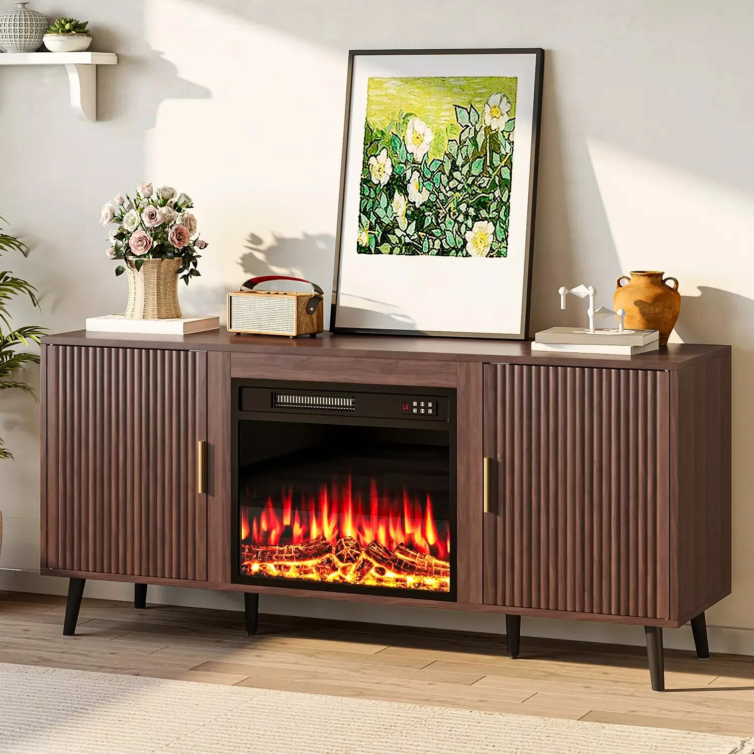 Electric Fireplace TV Stand, 58" Fluted Entertainment Center with 23" Electric Fireplace, Mid Century Console with Sturdy Wood Leg & Adjustable Shelves for TVs Up to 65" for Living Room - Image 2