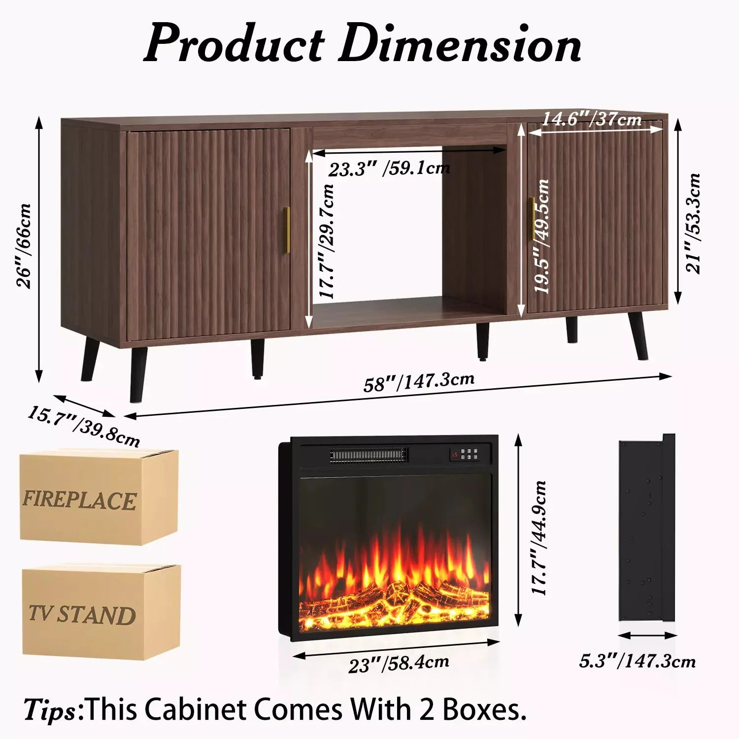 Electric Fireplace TV Stand, 58" Fluted Entertainment Center with 23" Electric Fireplace, Mid Century Console with Sturdy Wood Leg & Adjustable Shelves for TVs Up to 65" for Living Room - Image 3