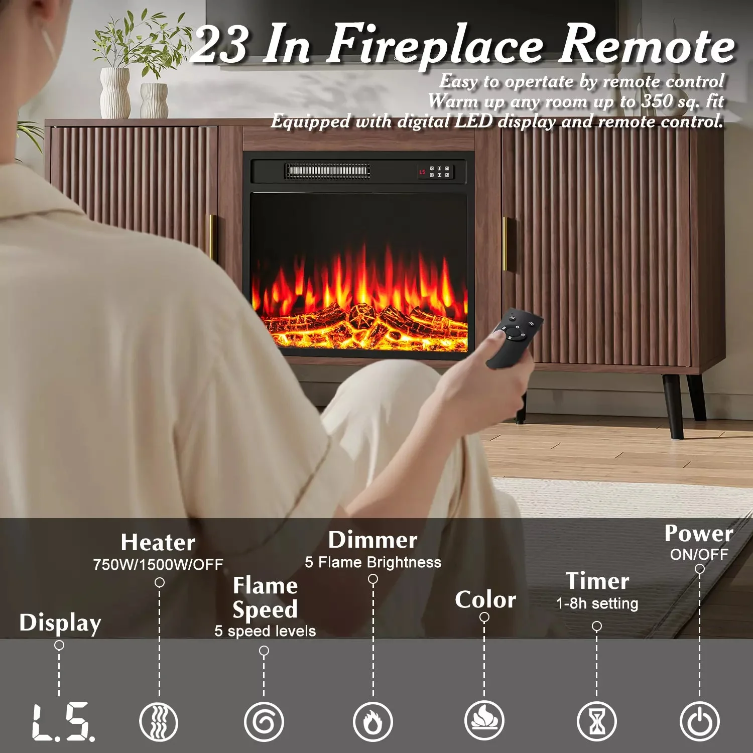 Electric Fireplace TV Stand, 58" Fluted Entertainment Center with 23" Electric Fireplace, Mid Century Console with Sturdy Wood Leg & Adjustable Shelves for TVs Up to 65" for Living Room - Image 4